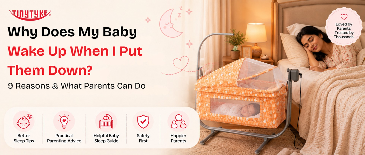 Indian mother gently putting sleeping baby down in an automatic baby cradle