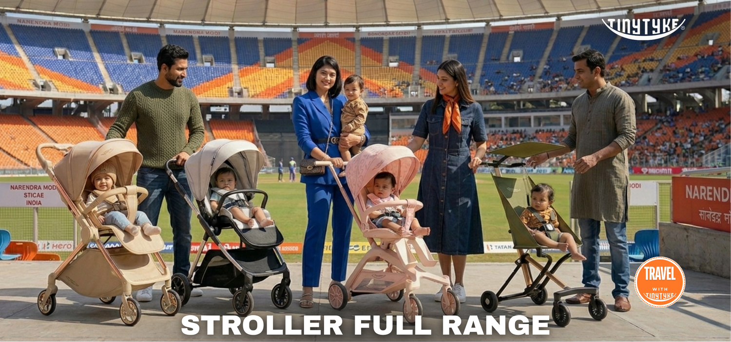 TinyTyke stroller range showcasing model variants and colour options — premium reversible handle baby pram collection India