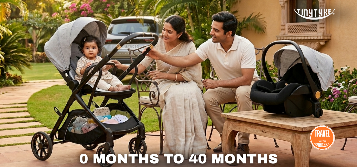 TinyTyke T7 MegaSpace complete travel system — stroller with optional 4-in-1 car seat for Indian families, birth to 40 months
