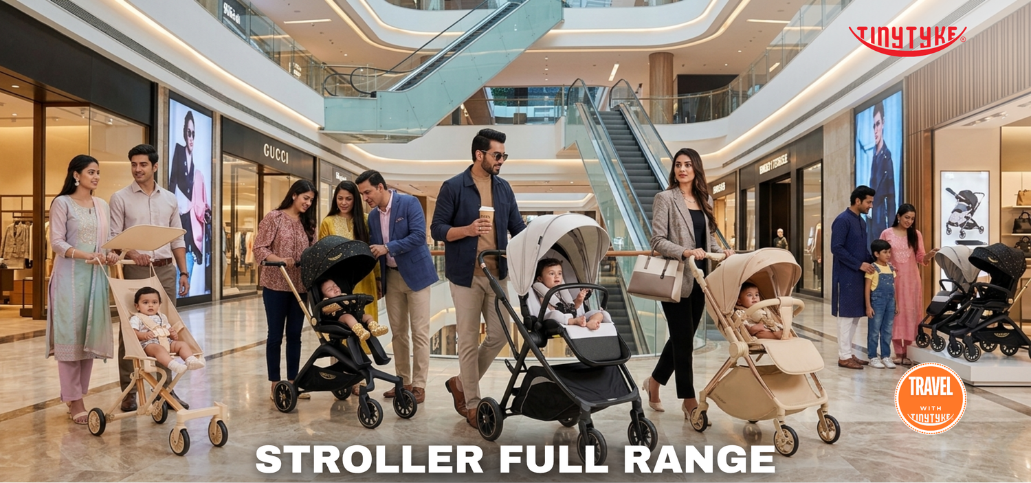 TinyTyke T7 MegaSpace travel system stroller in grey and black — folded compact view of both colour variants side by side