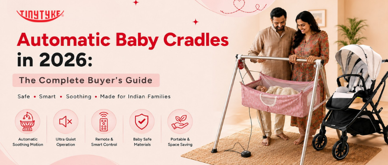 TinyTyke Automatic Baby Cradle with Indian parents and sleeping baby, featuring remote-controlled soothing motion and a complete 2026 buyer's guide.