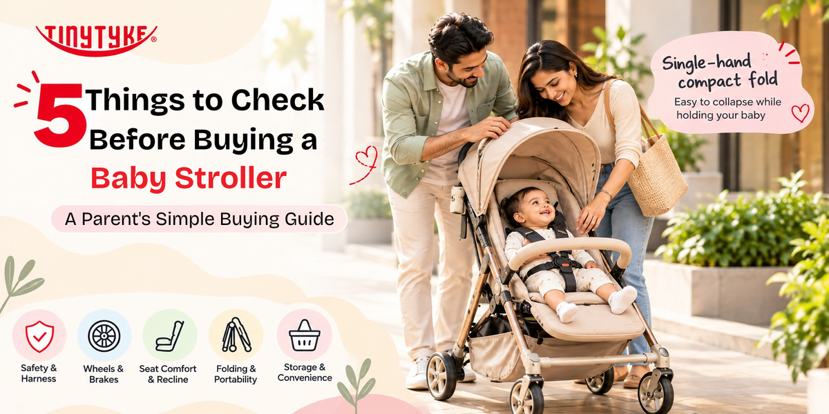 Parents checking safety and features of a baby stroller before buying