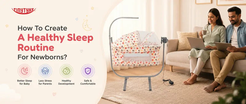 TinyTyke automatic baby cradle helping a newborn sleep peacefully while parents relax, demonstrating a healthy sleep routine for newborns