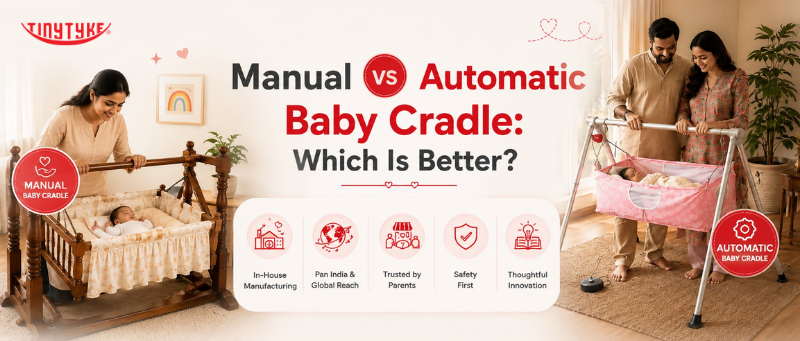 Side-by-side comparison of TinyTyke manual and automatic baby cradles