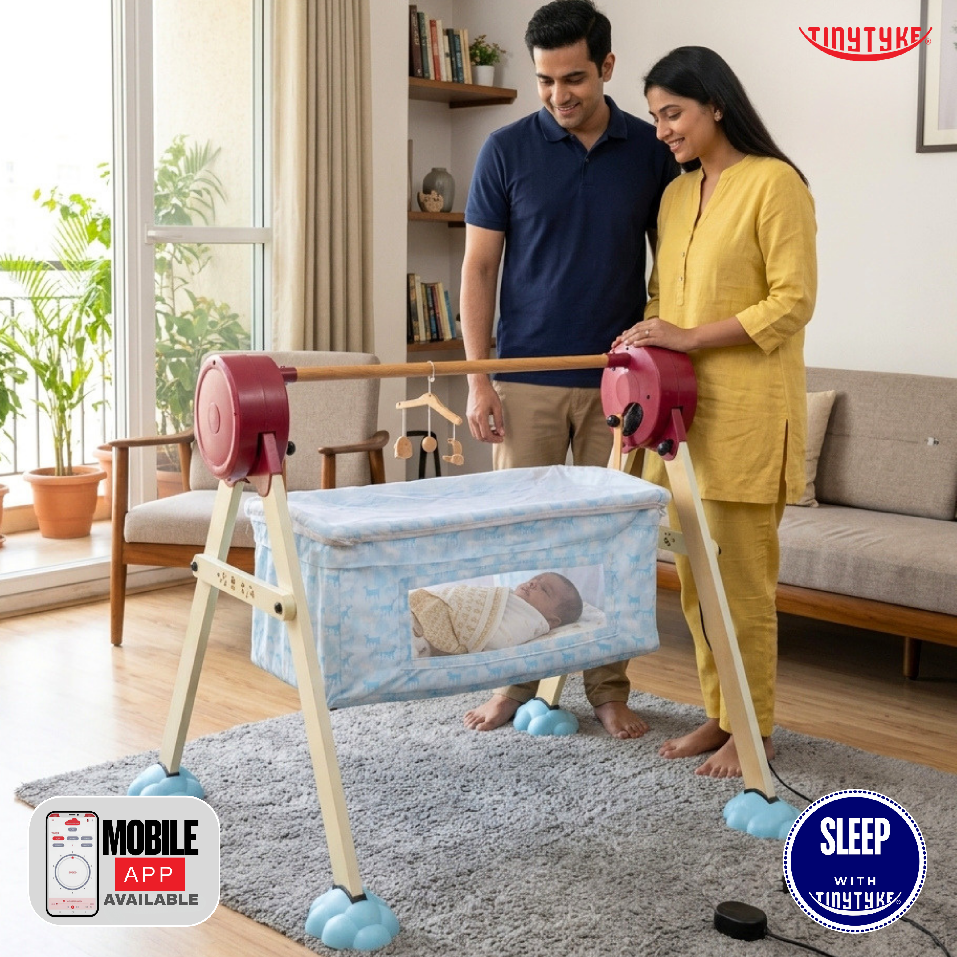 Couple with a baby in a crib in a living room, promoting TinyTyke products.