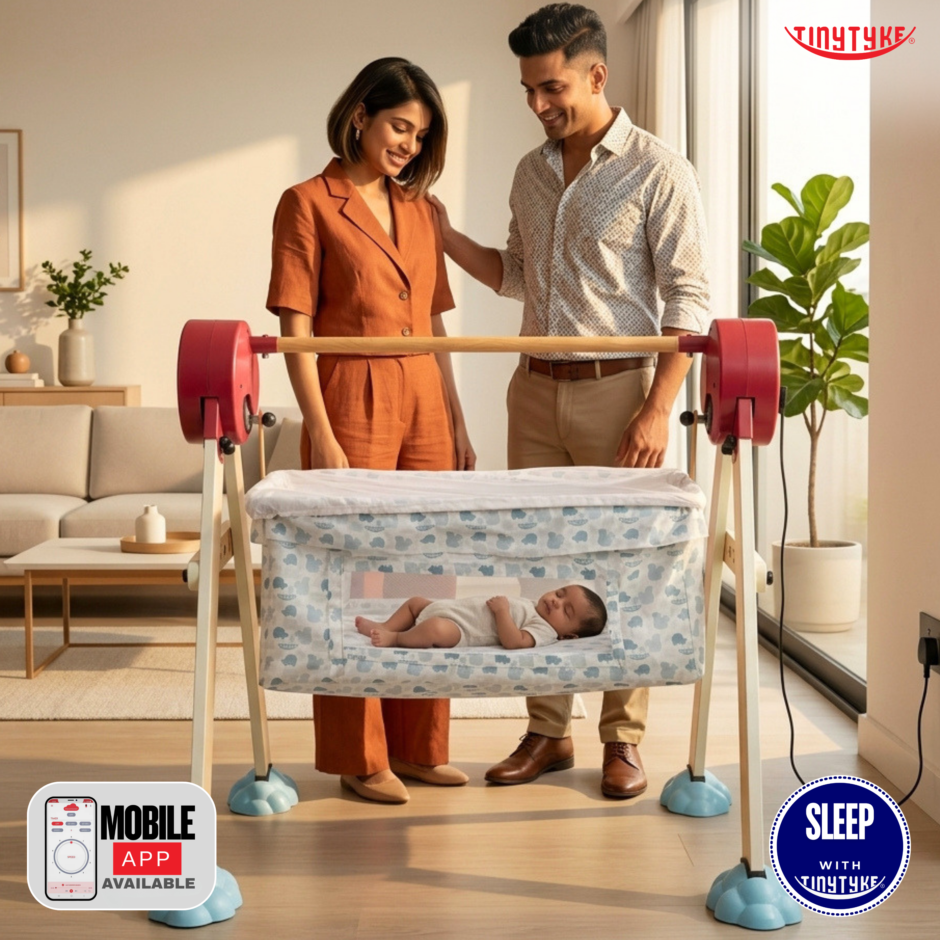 Couple with a baby in a portable crib in a modern living room.