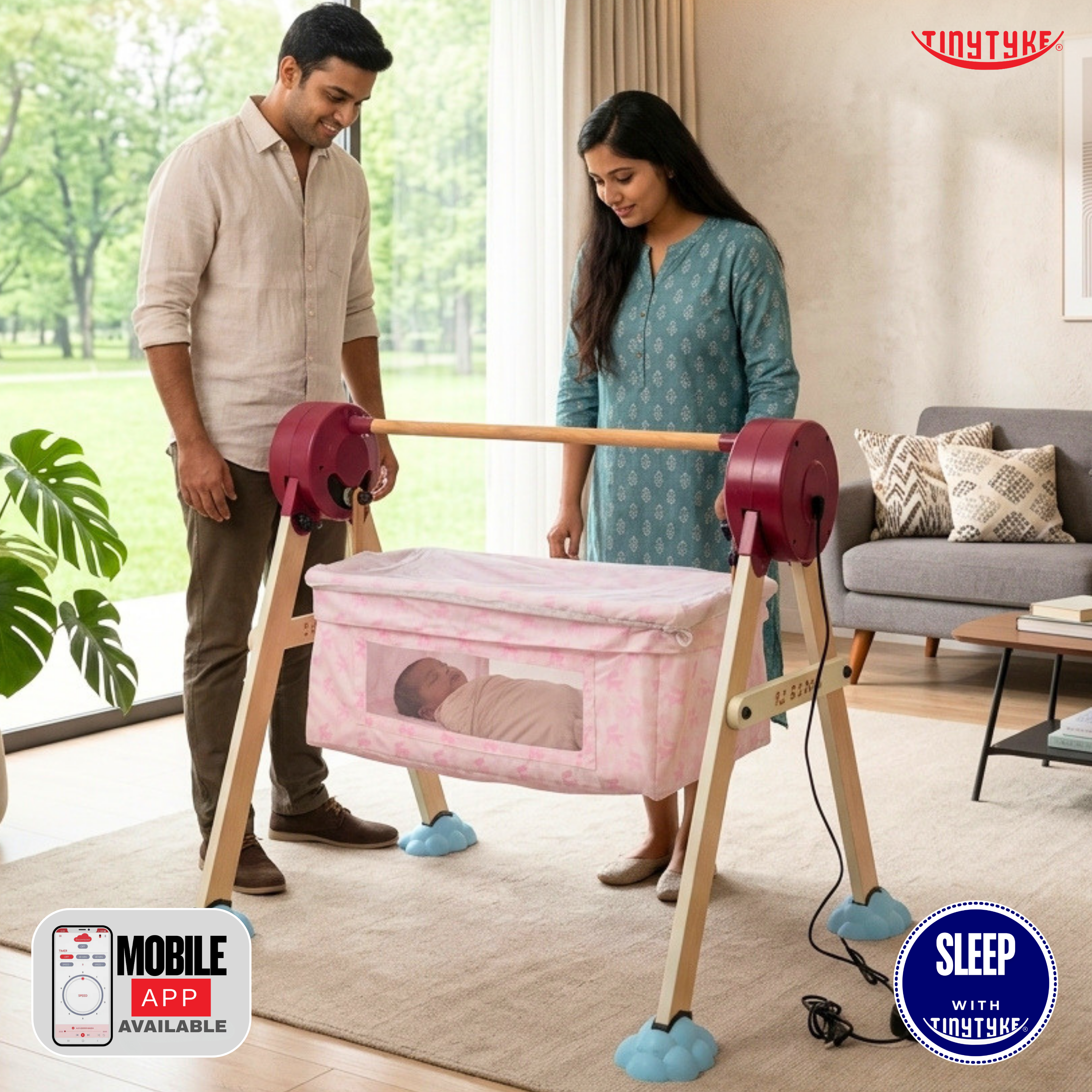 Couple with a baby in a portable crib in a living room, featuring TinyTyke brand.