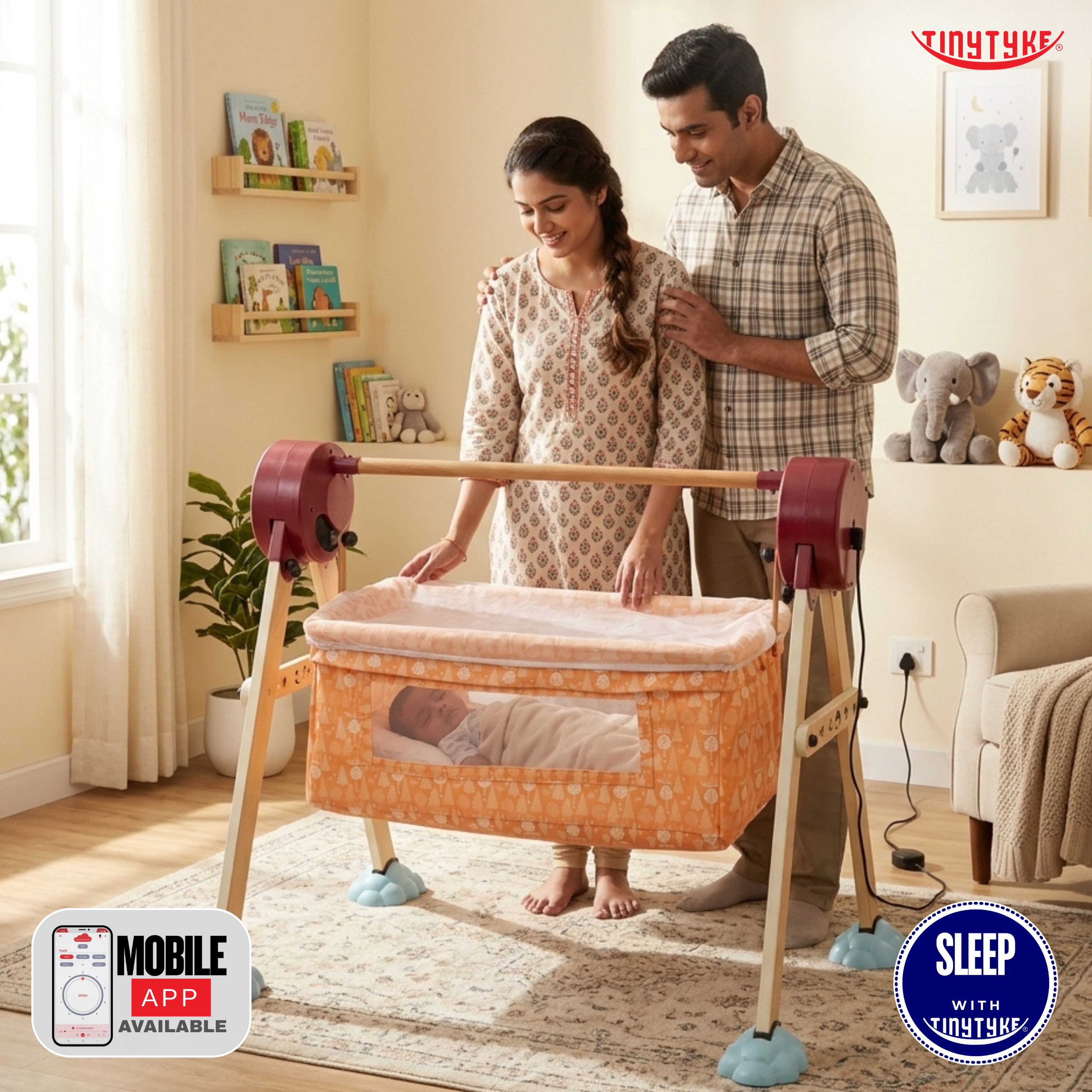 Couple standing next to a baby crib in a room with toys and books.