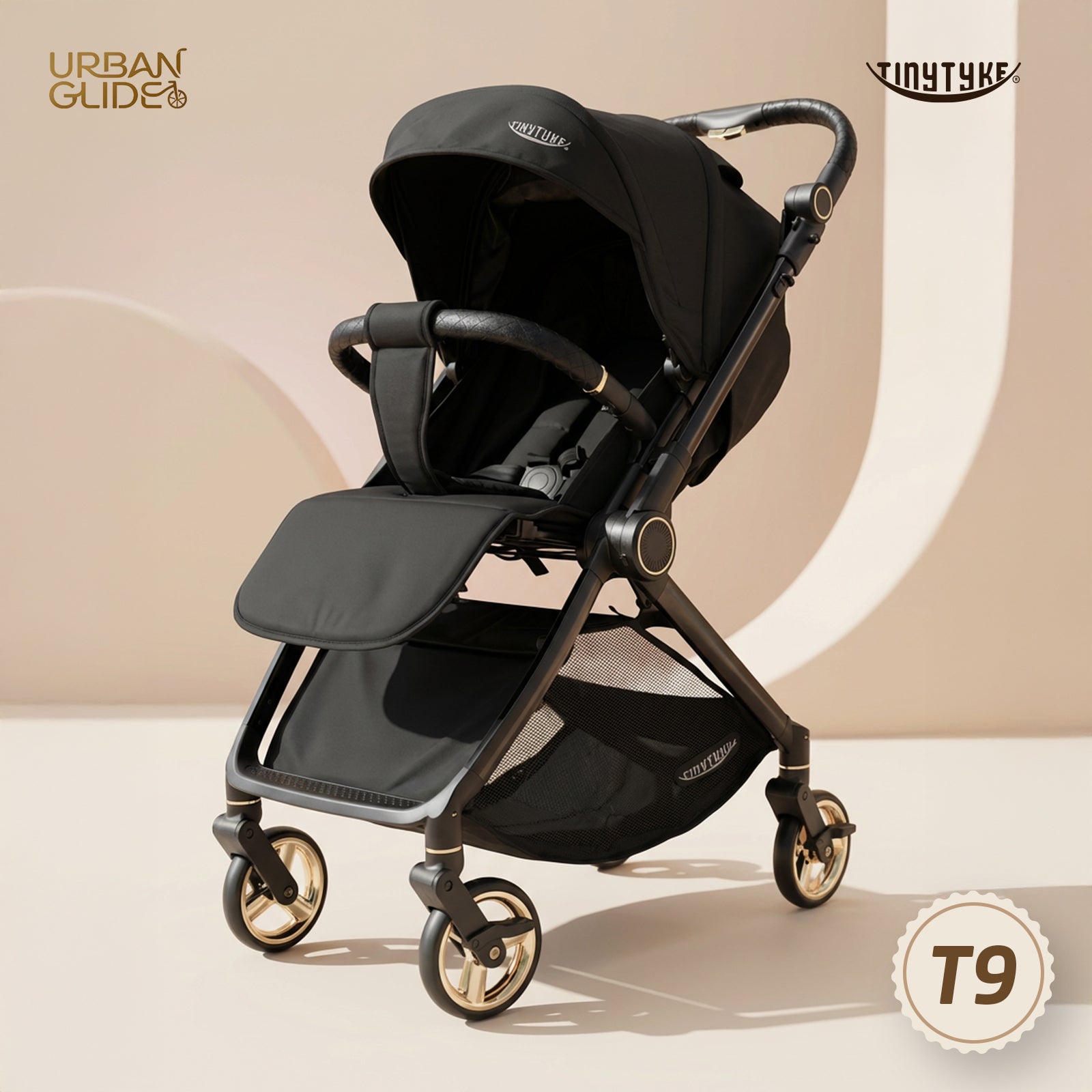TinyTyke Urban Glide (T9) Premium Reversible Handle Stroller | Shock Absorption, Multiple Recline, One-Touch Fold, Leather & Linen Finish (0-40 Months)