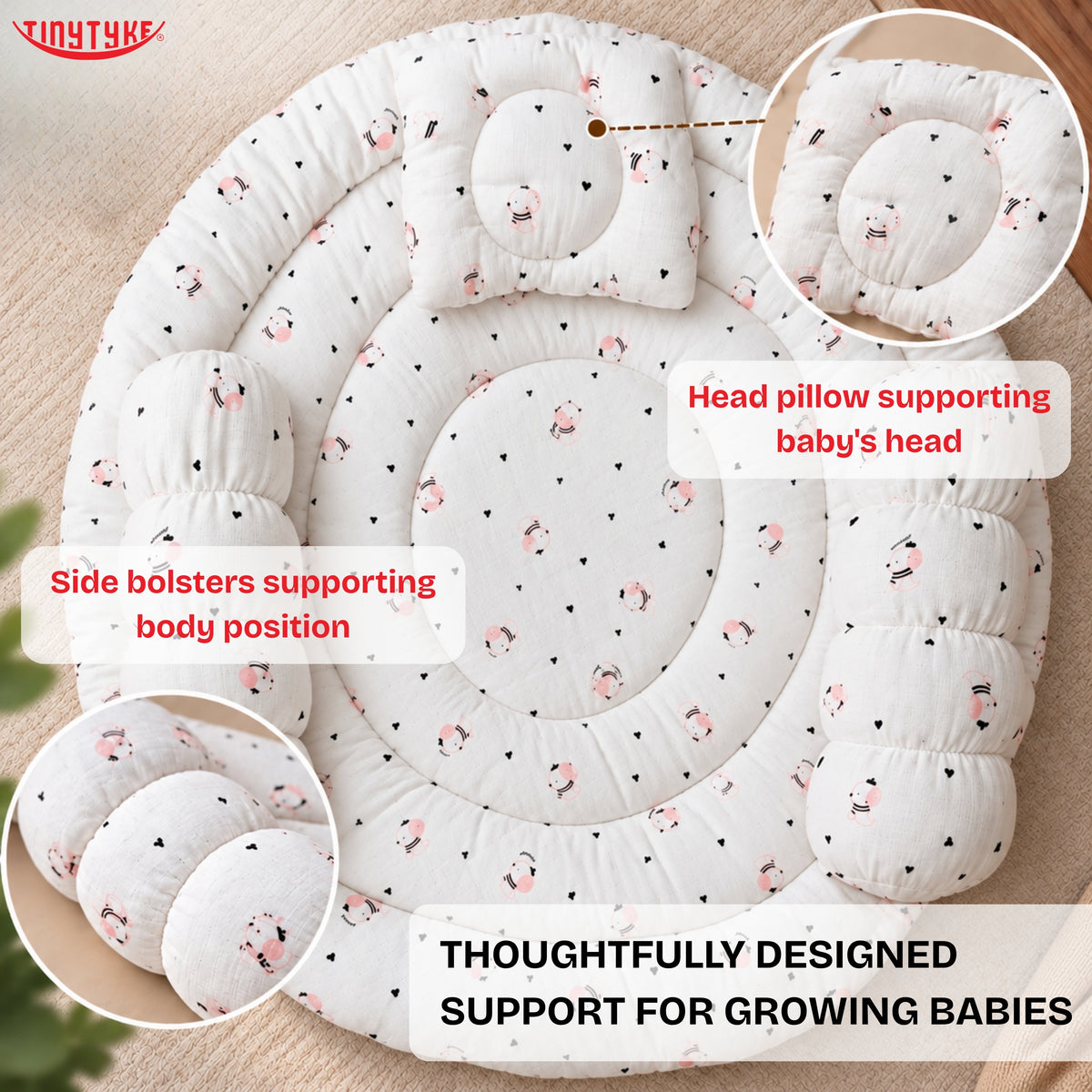 TinyTyke- Premium Baby Bedding Set With A Head Pillow & 2 Side Bolster Pillows