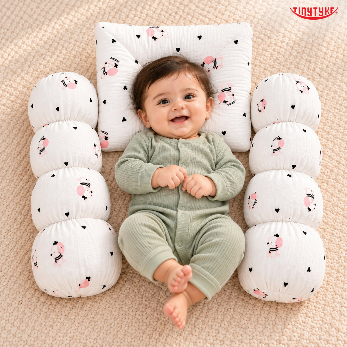 TinyTyke- Premium Muslin Baby Pillow Set with 2 Side Bolster Pillows & Head Support Pillow