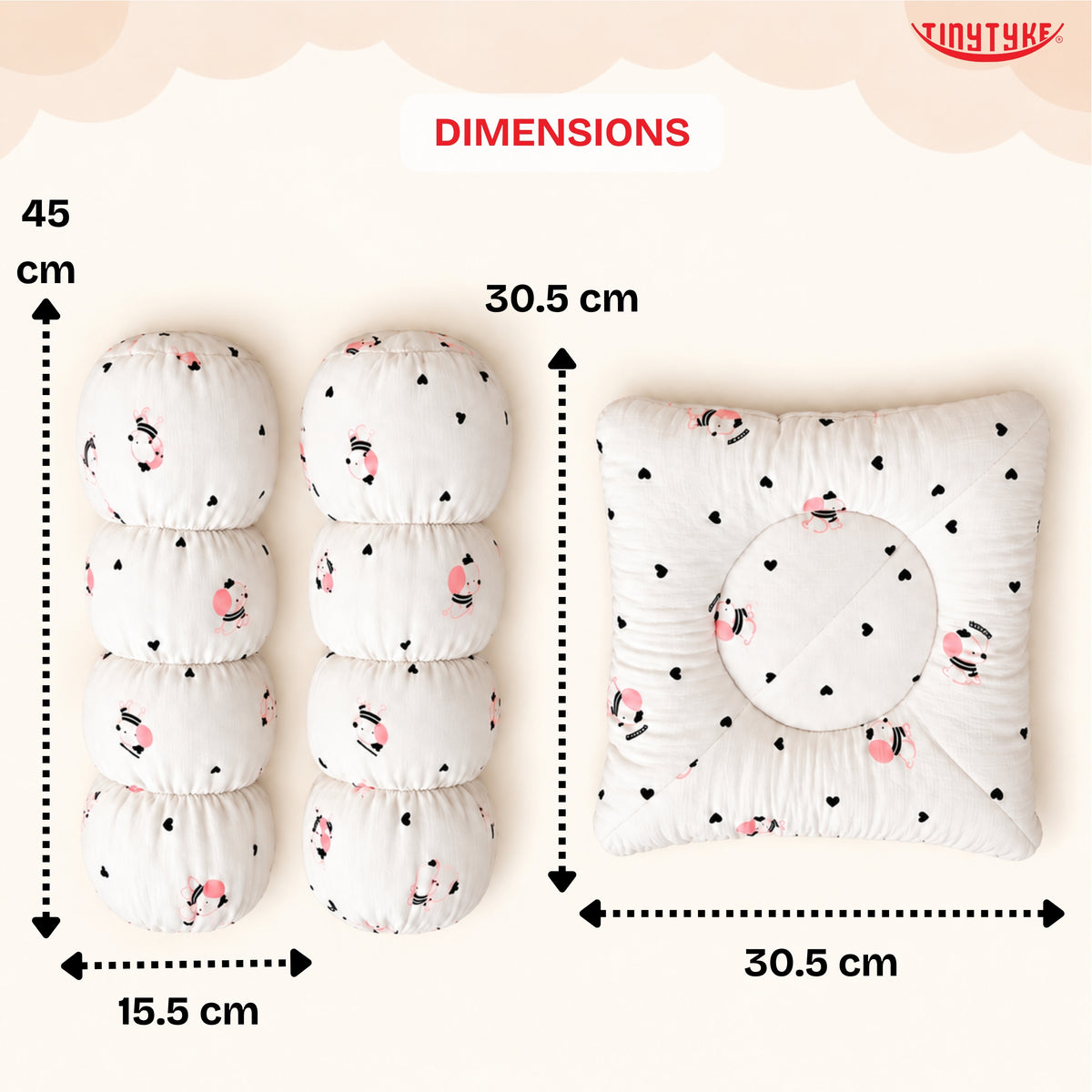 TinyTyke- Premium Muslin Baby Pillow Set with 2 Side Bolster Pillows & Head Support Pillow