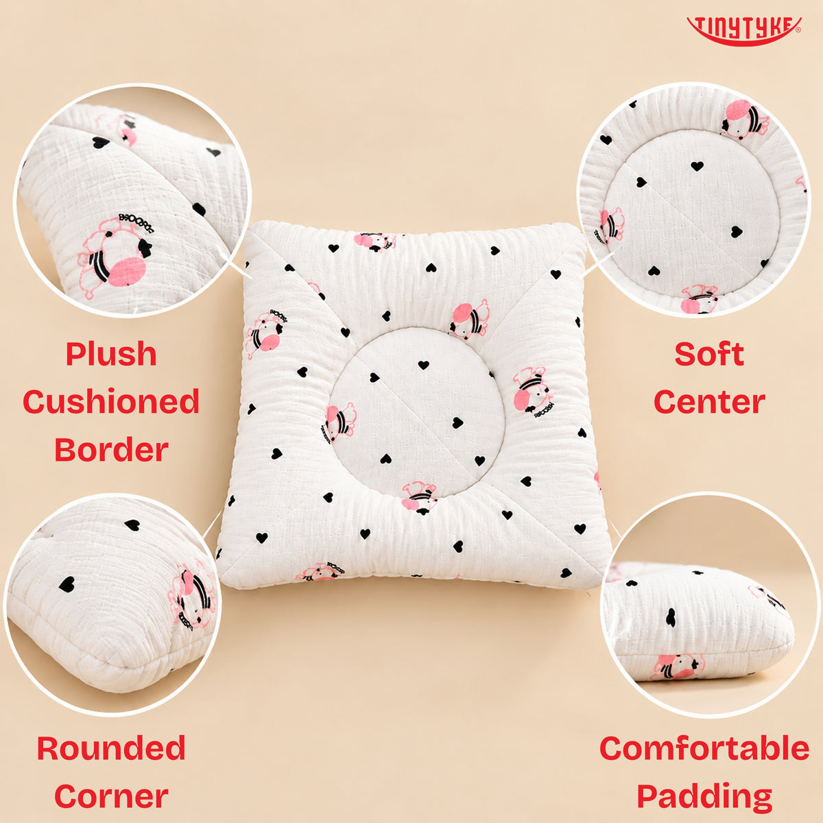 TinyTyke- Premium Muslin Baby Pillow Set with 2 Side Bolster Pillows & Head Support Pillow
