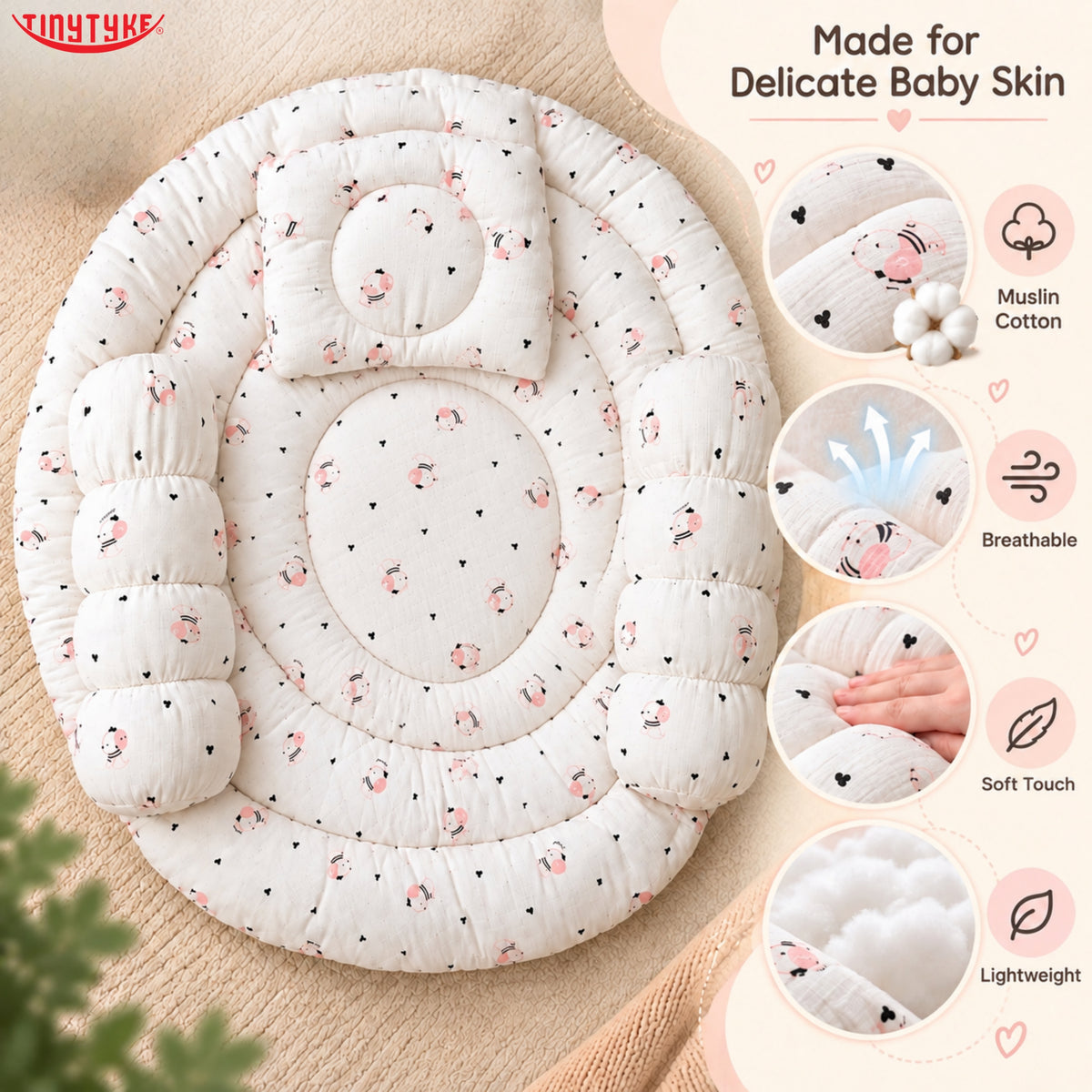 TinyTyke- Premium Baby Bedding Set With A Head Pillow & 2 Side Bolster Pillows