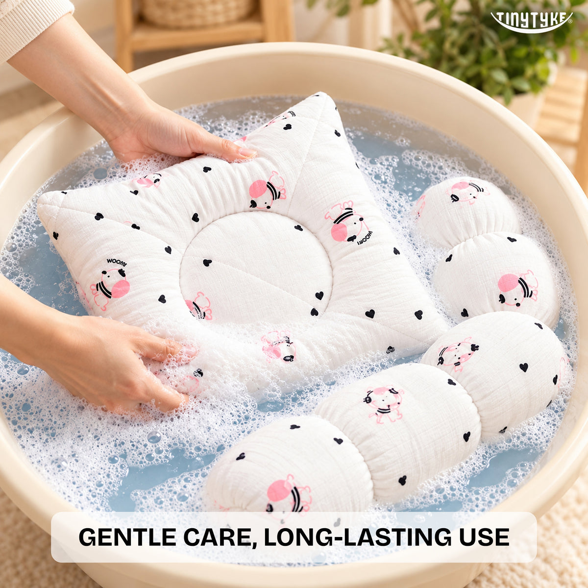 TinyTyke- Premium Muslin Baby Pillow Set with 2 Side Bolster Pillows & Head Support Pillow