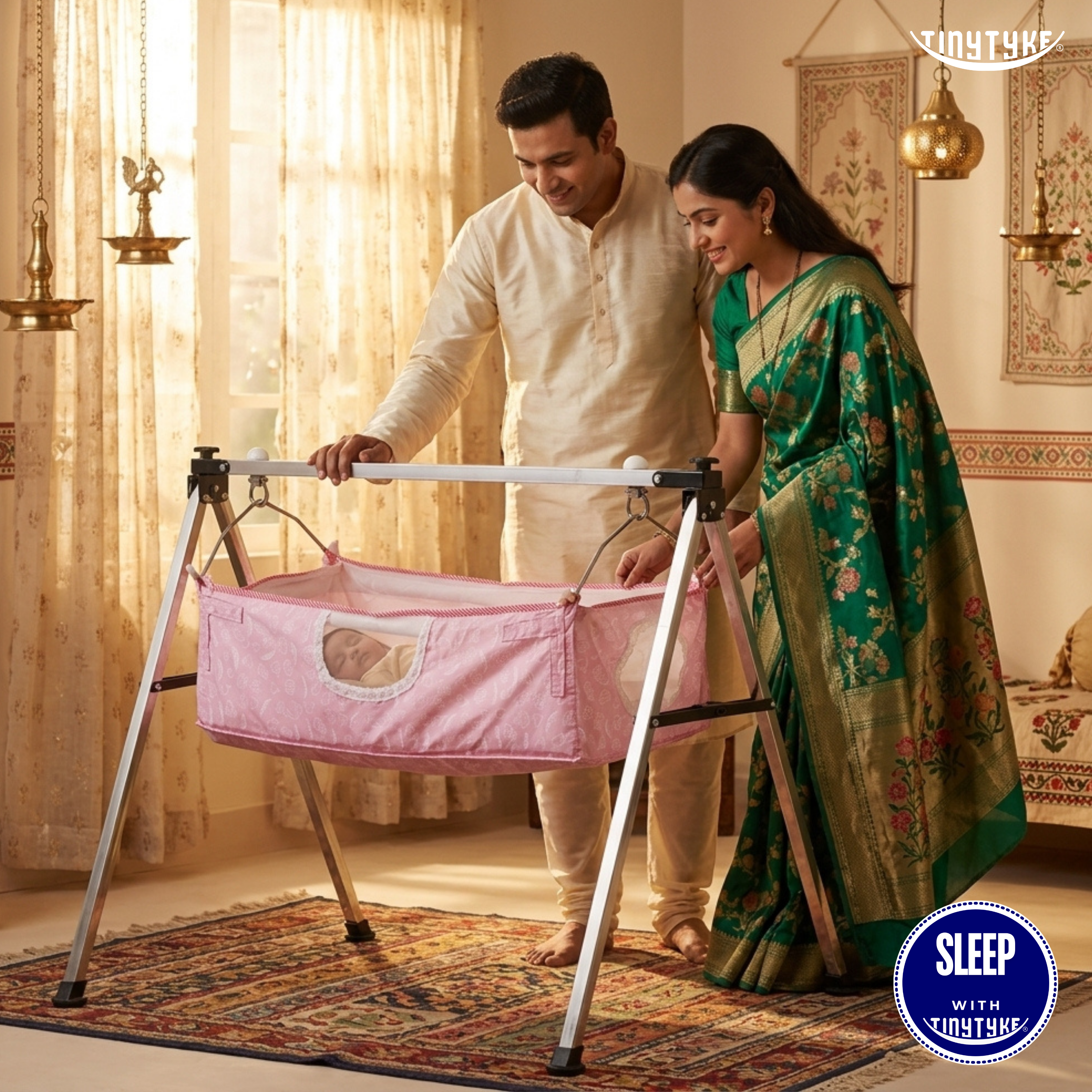 Couple setting up a pink baby crib in a decorated room with 'Tinnytke' branding.