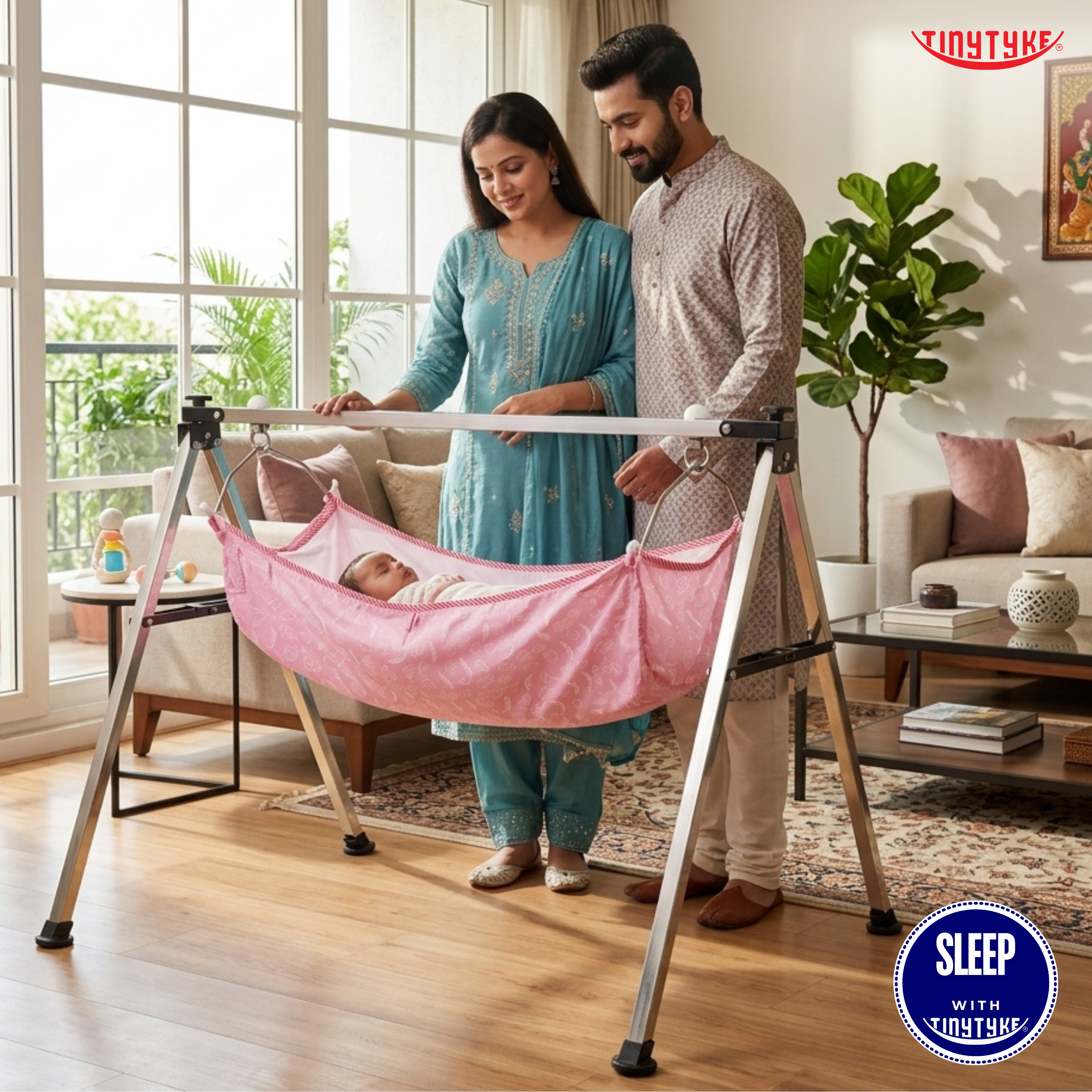 Couple with a baby in a pink baby hammock in a living room.