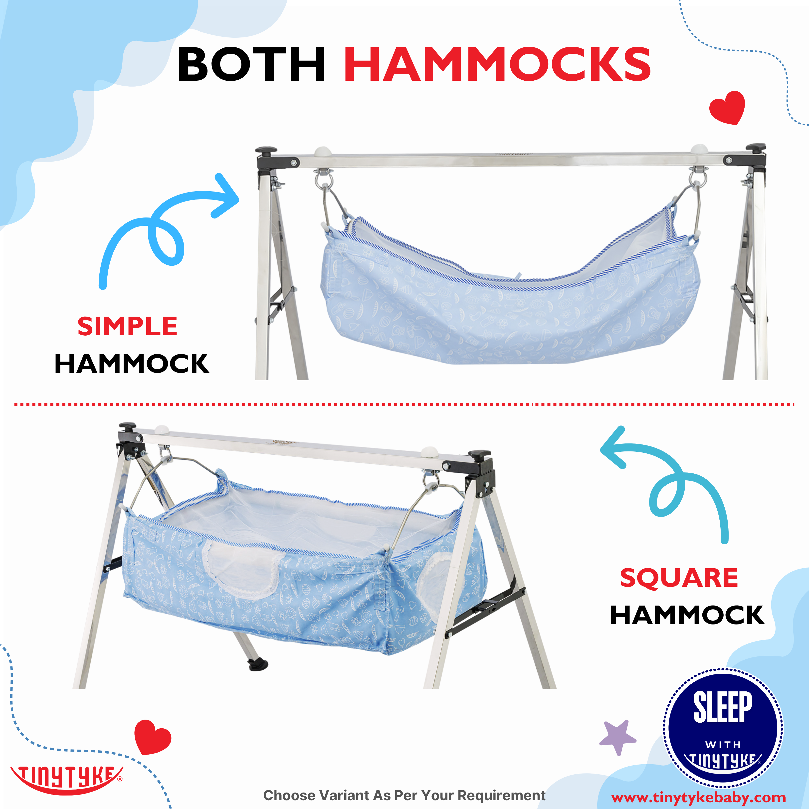 Two types of hammocks on stands with 'TINYTYKE' branding.