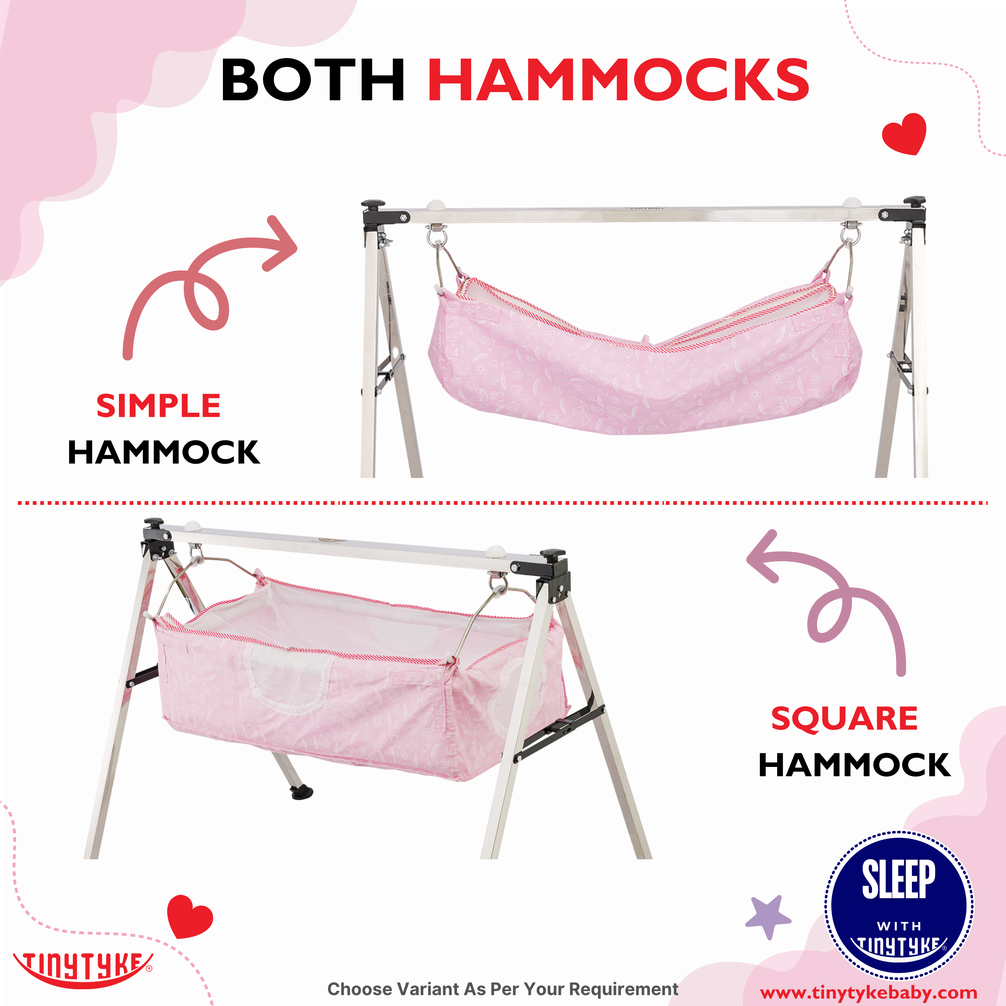 Two pink baby hammocks on stands with 'Simple Hammock' and 'Square Hammock' labels, and TinyTyke branding.