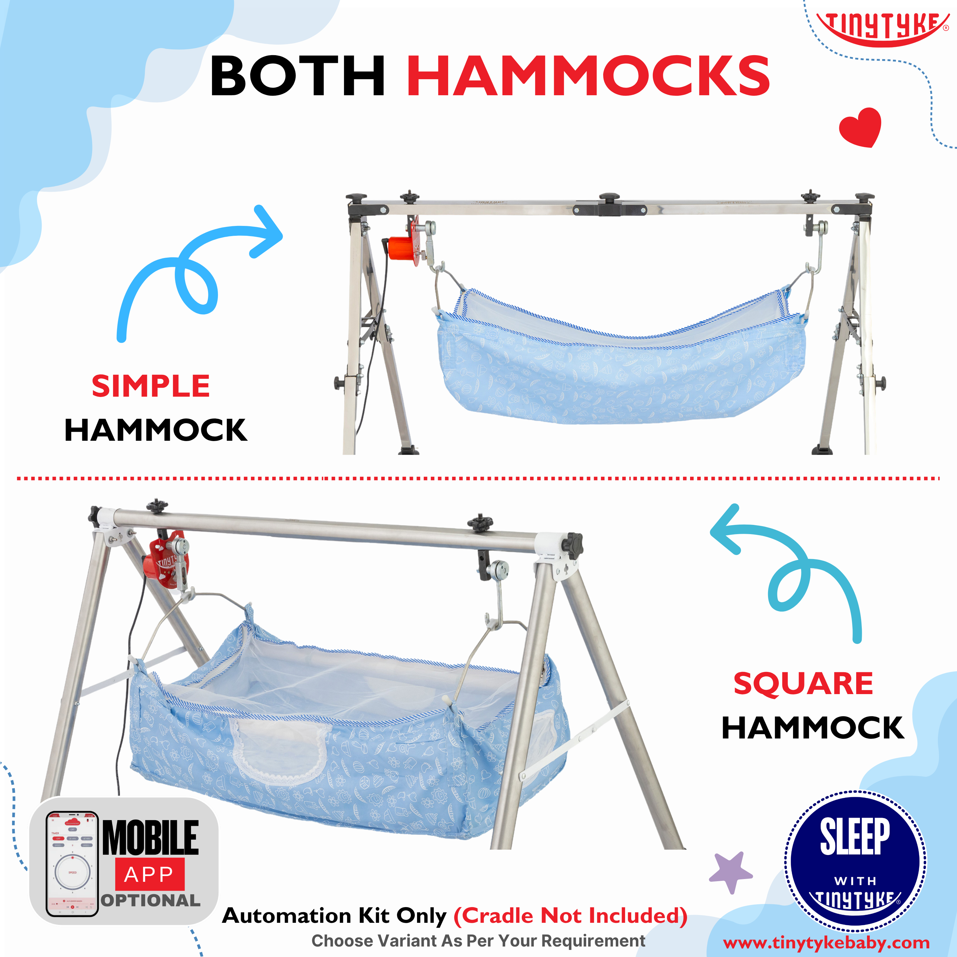 Two types of hammocks with stands on a white background, featuring TinyTyke branding.