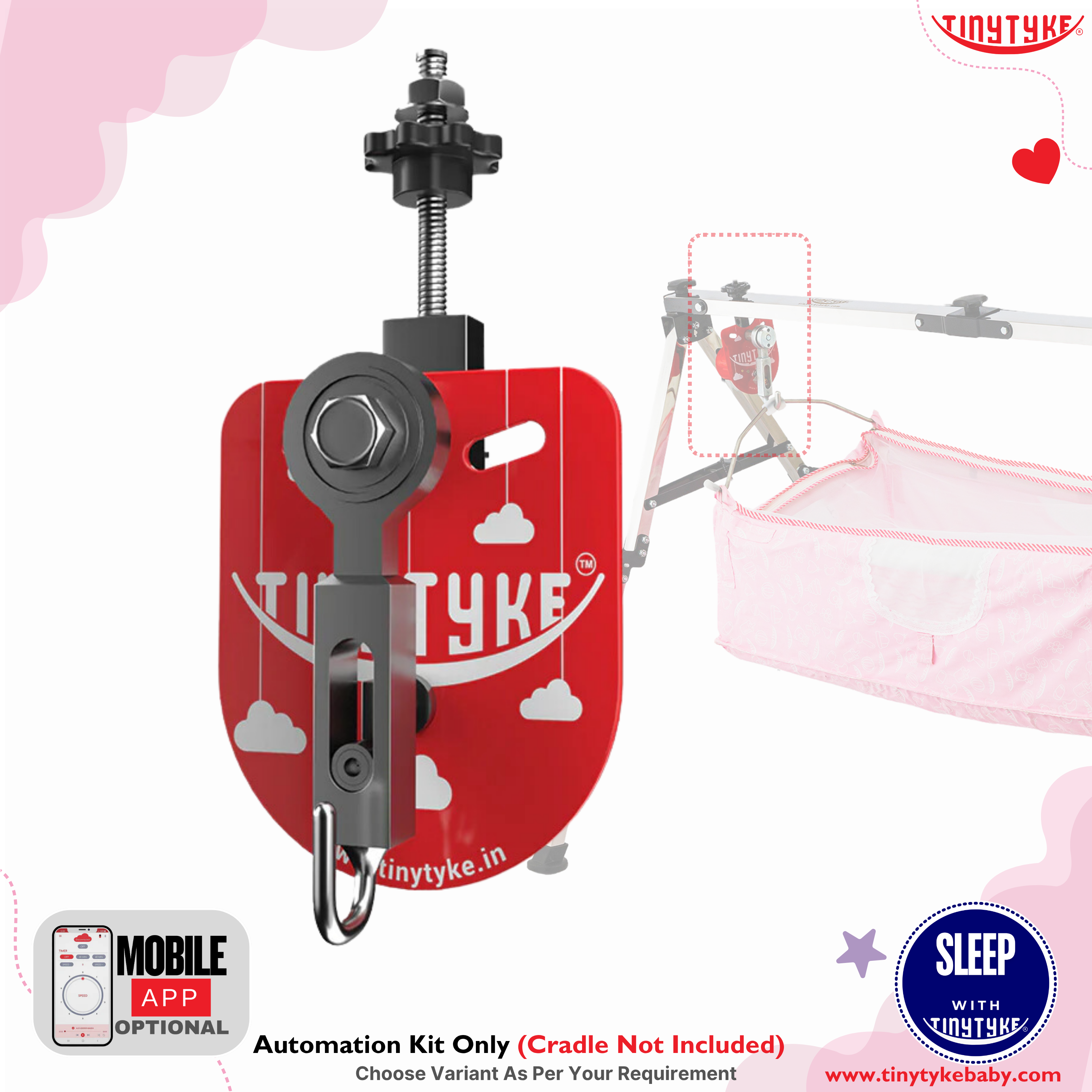 Tinytyke automation kit for baby cribs on a white background with pink accents.