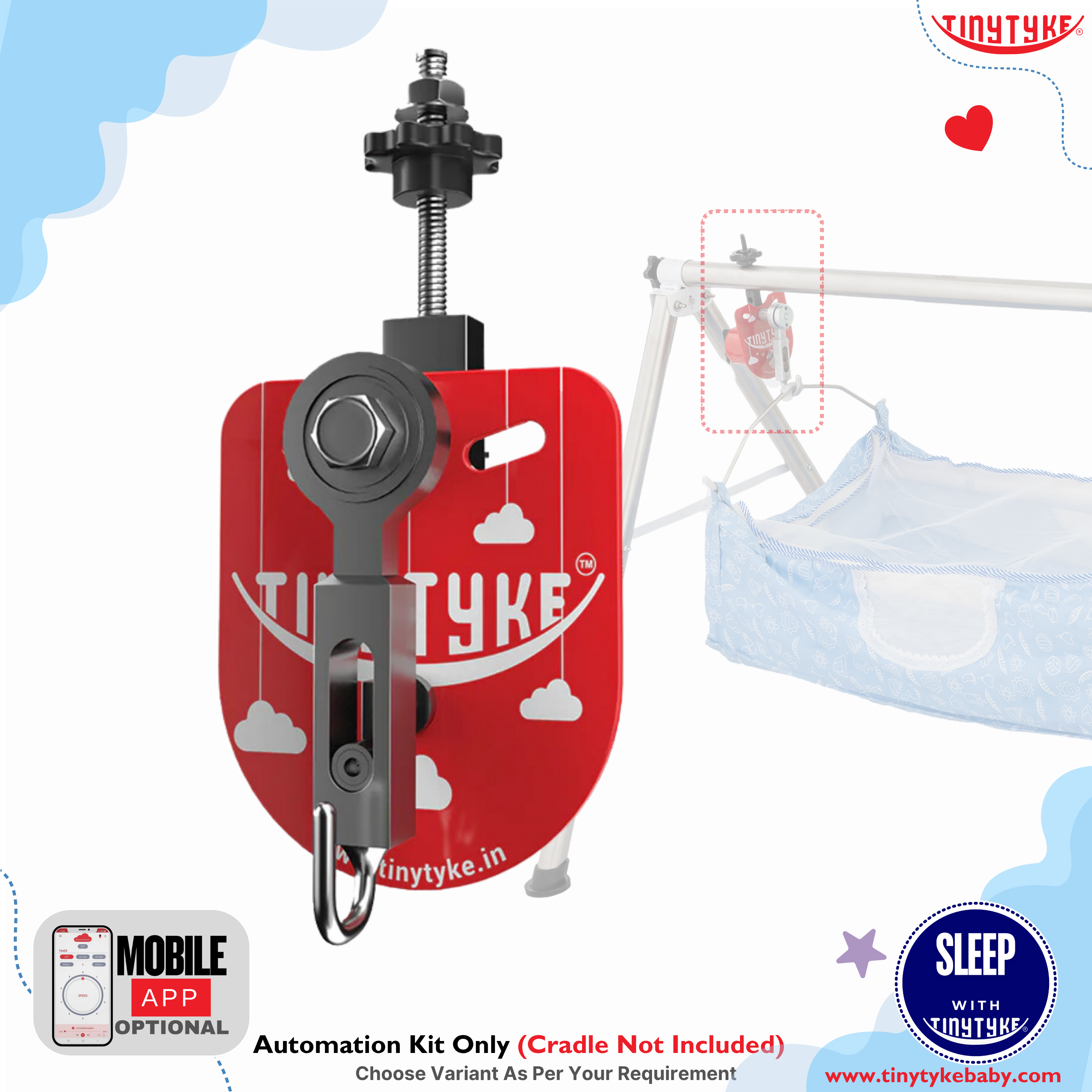 TINYTYKE automation kit for baby cradle on a white background with brand logo.