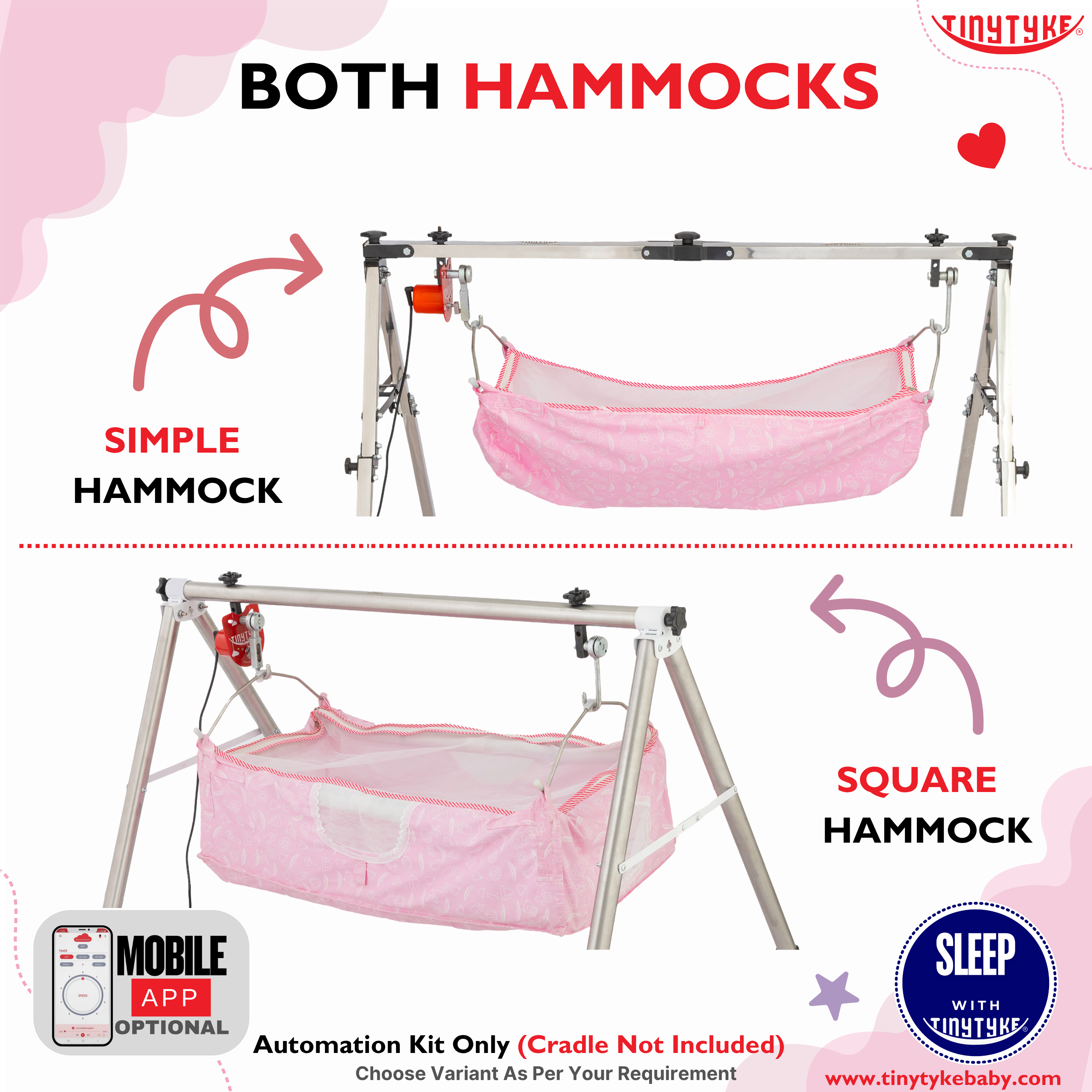 TINYTYKE Baby Hammock Stand with Simple and Square Hammocks on a white background