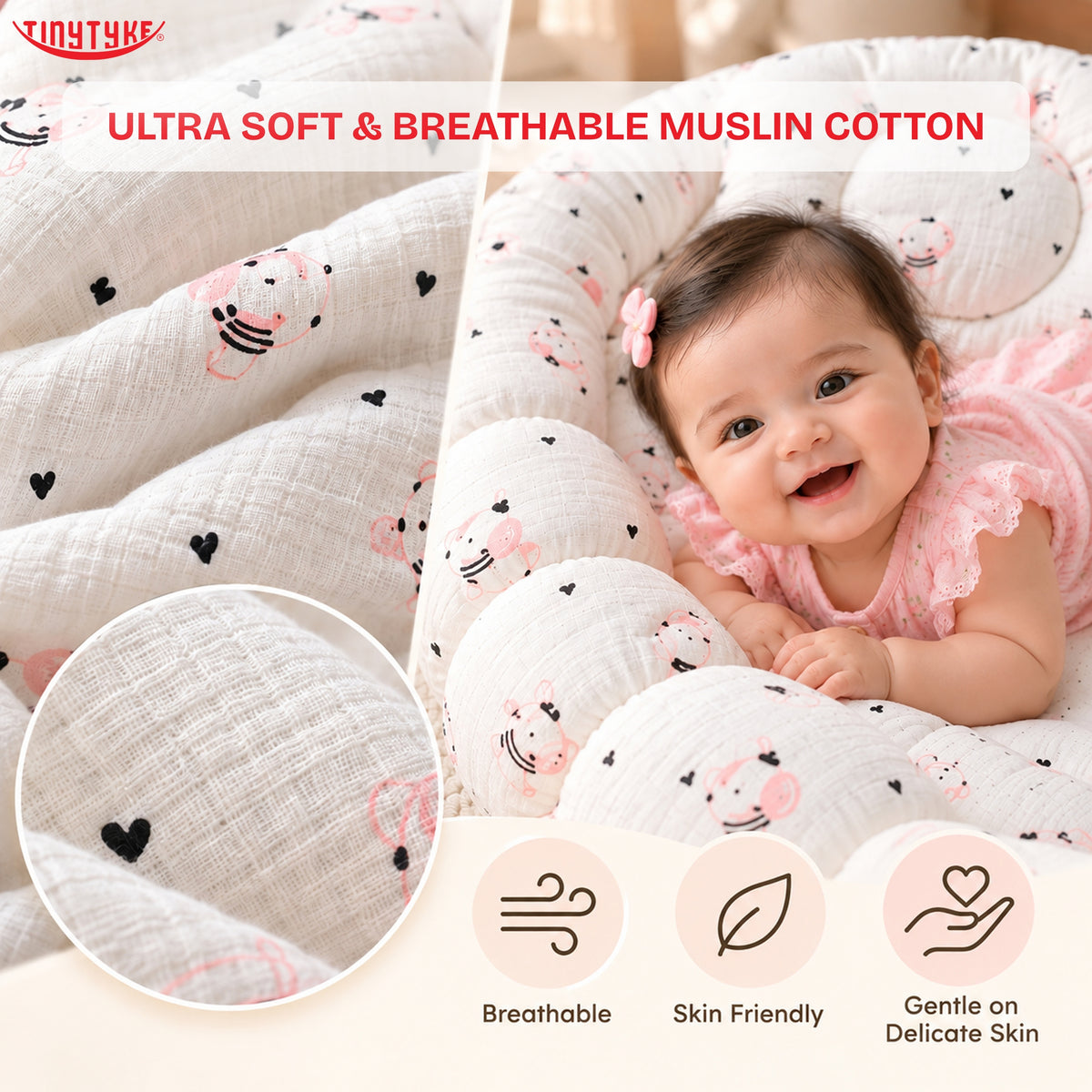 TinyTyke- Premium Baby Bedding Set With A Head Pillow & 2 Side Bolster Pillows
