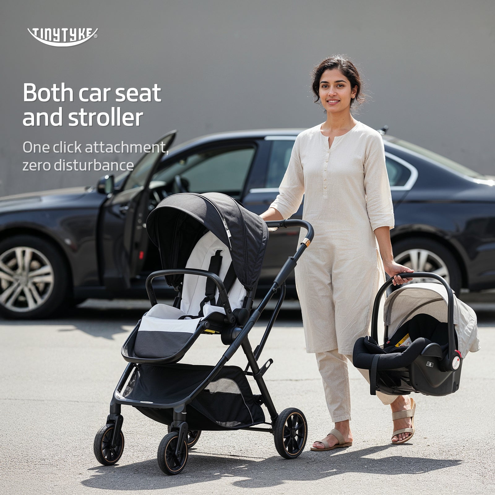 TinyTyke Urban Glide (T7) Two Essentials, One Purchase | Travel System Stroller with Car Seat (Optional) & Reversible Seating | 3-Position Recline and One-touch Fold (0-40 Months)