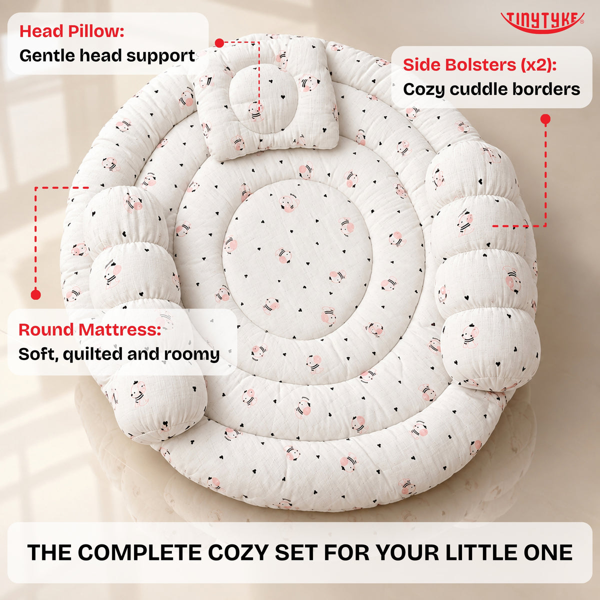 TinyTyke- Premium Baby Bedding Set With A Head Pillow & 2 Side Bolster Pillows