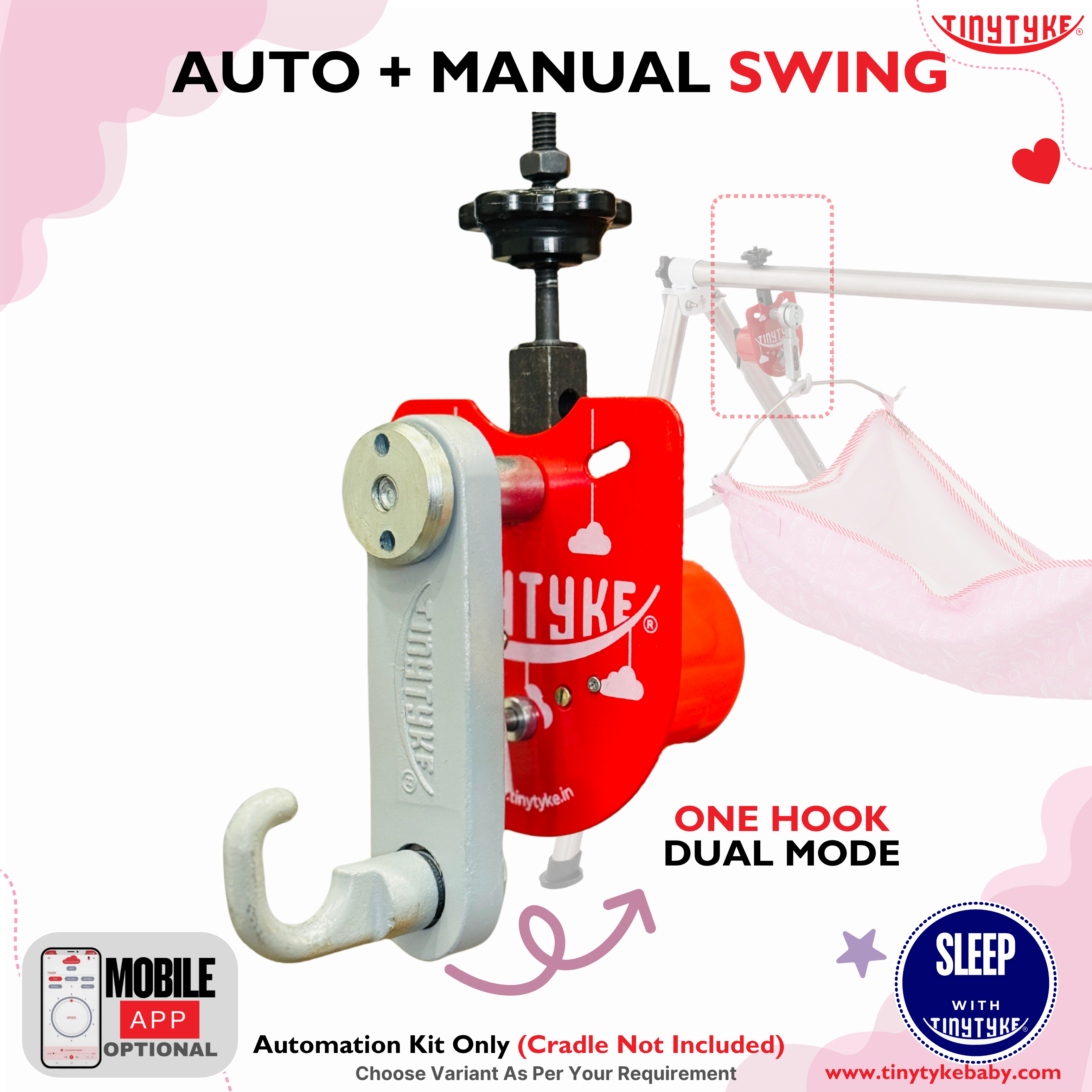 Tiny Tyke automation kit for cradles with red and white design on a light pink background
