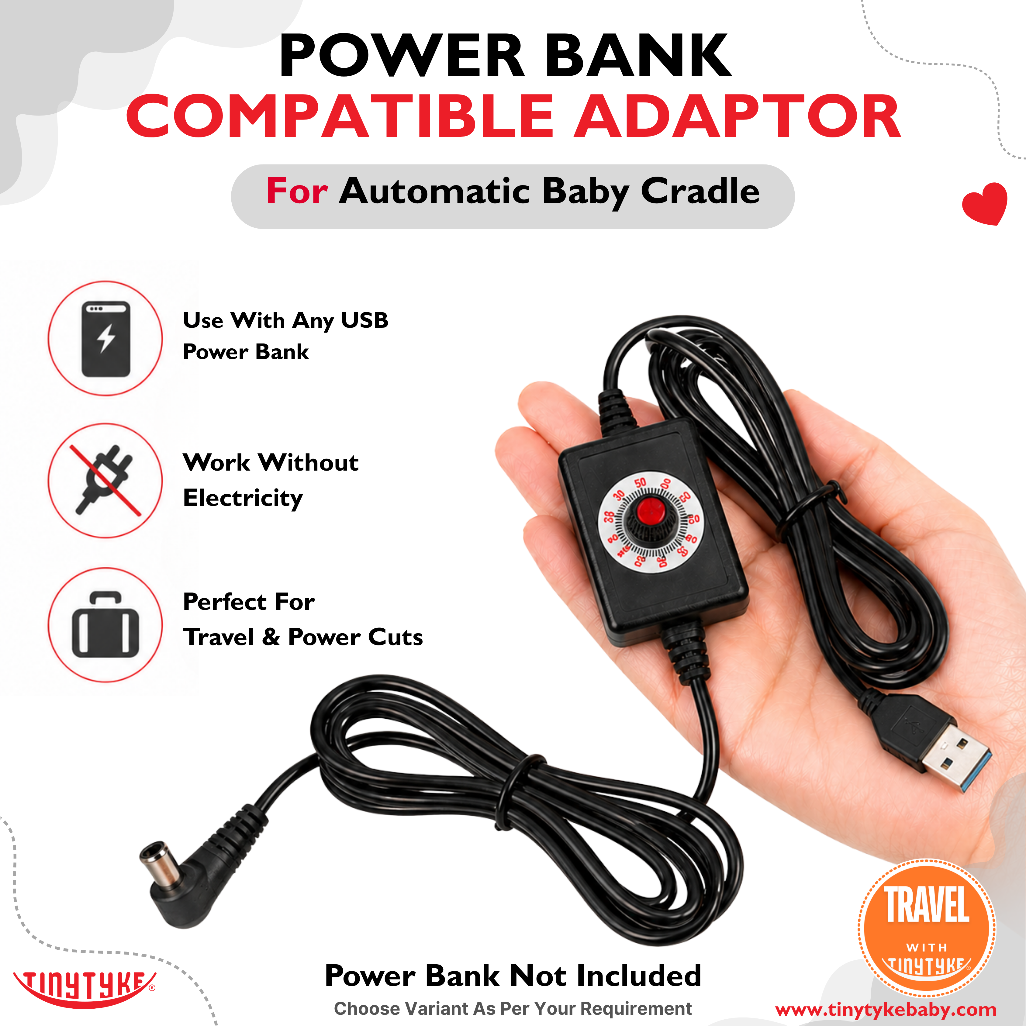 TinyTyke Power bank compatible adapter for automatic baby cradle held in a hand with product features listed.