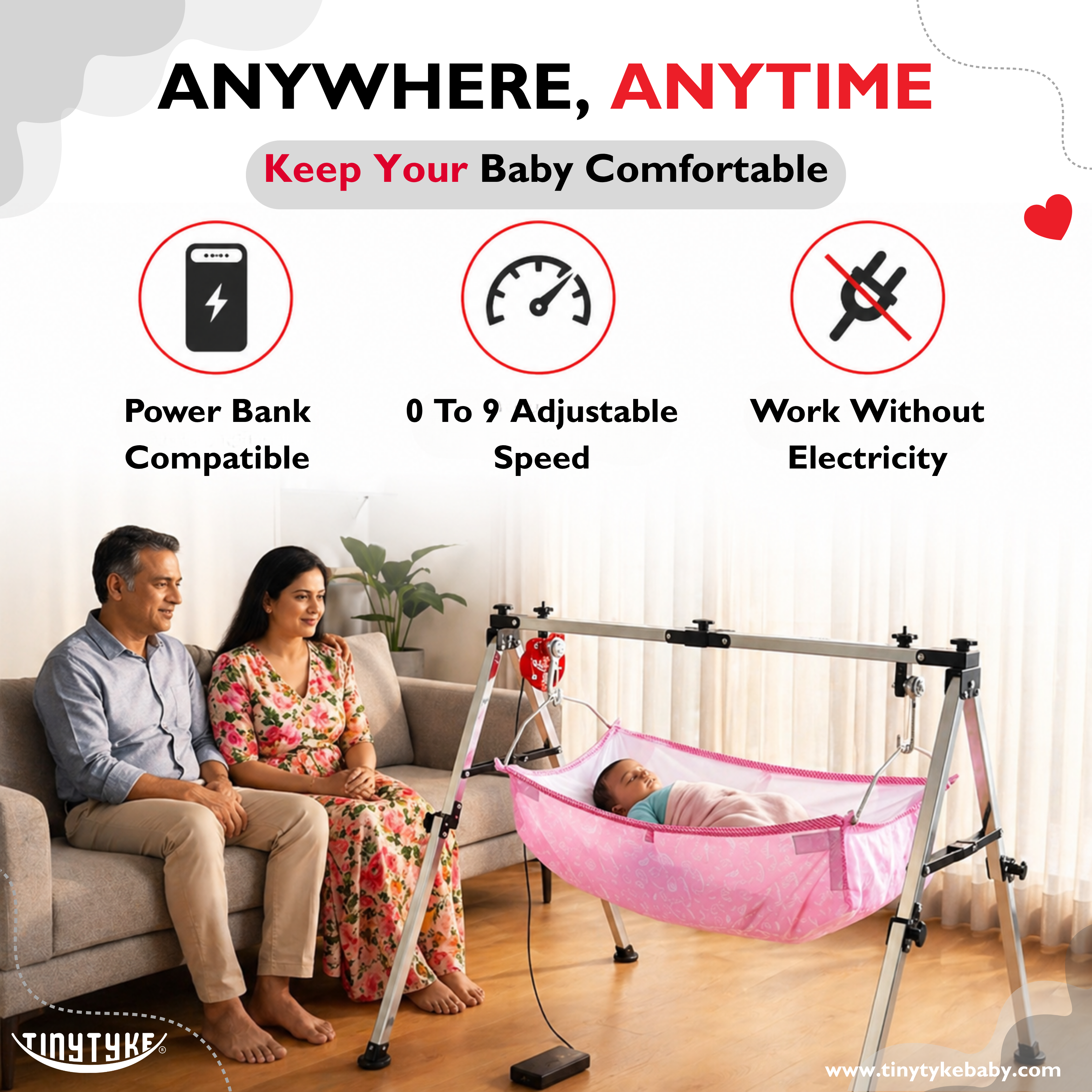 TinyTyke Power bank compatibility, adjustable speed, and electricity-free use features.
