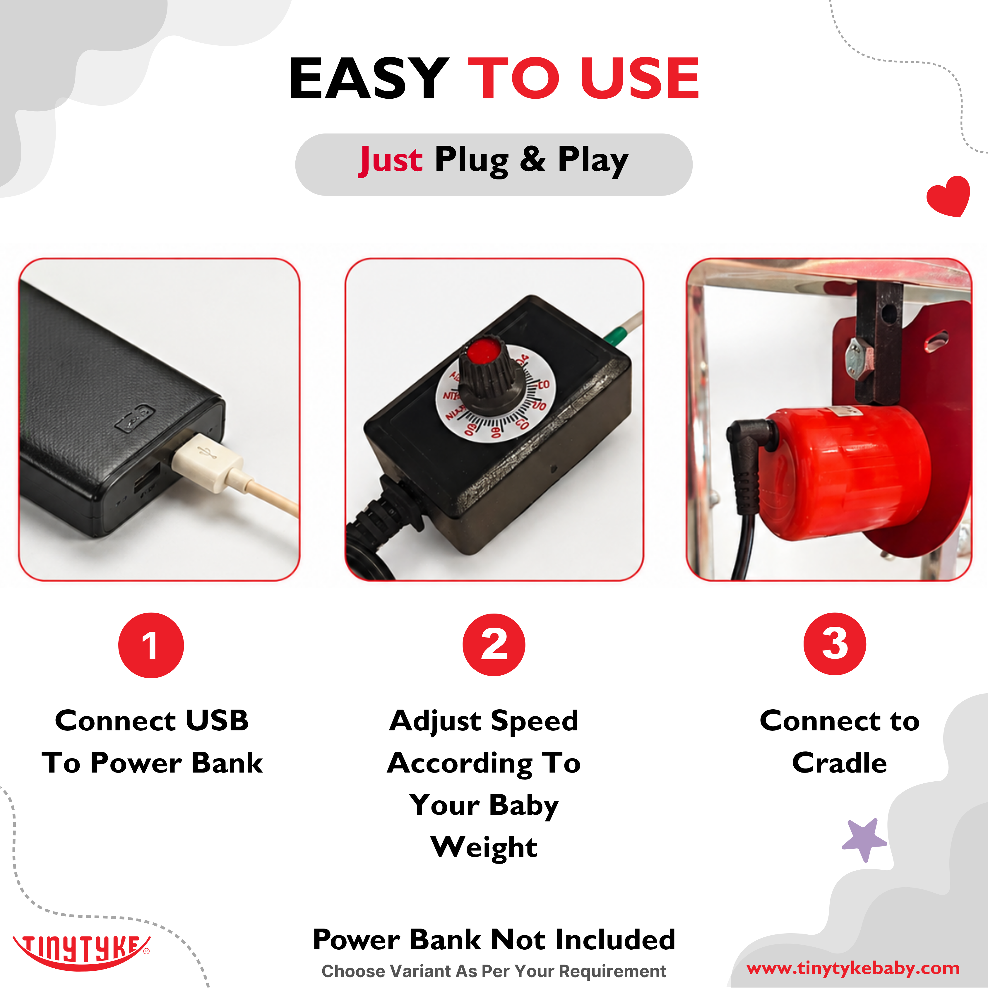 Instructions for using a TinyTyke power compatible Adapter with images and text on a white background.
