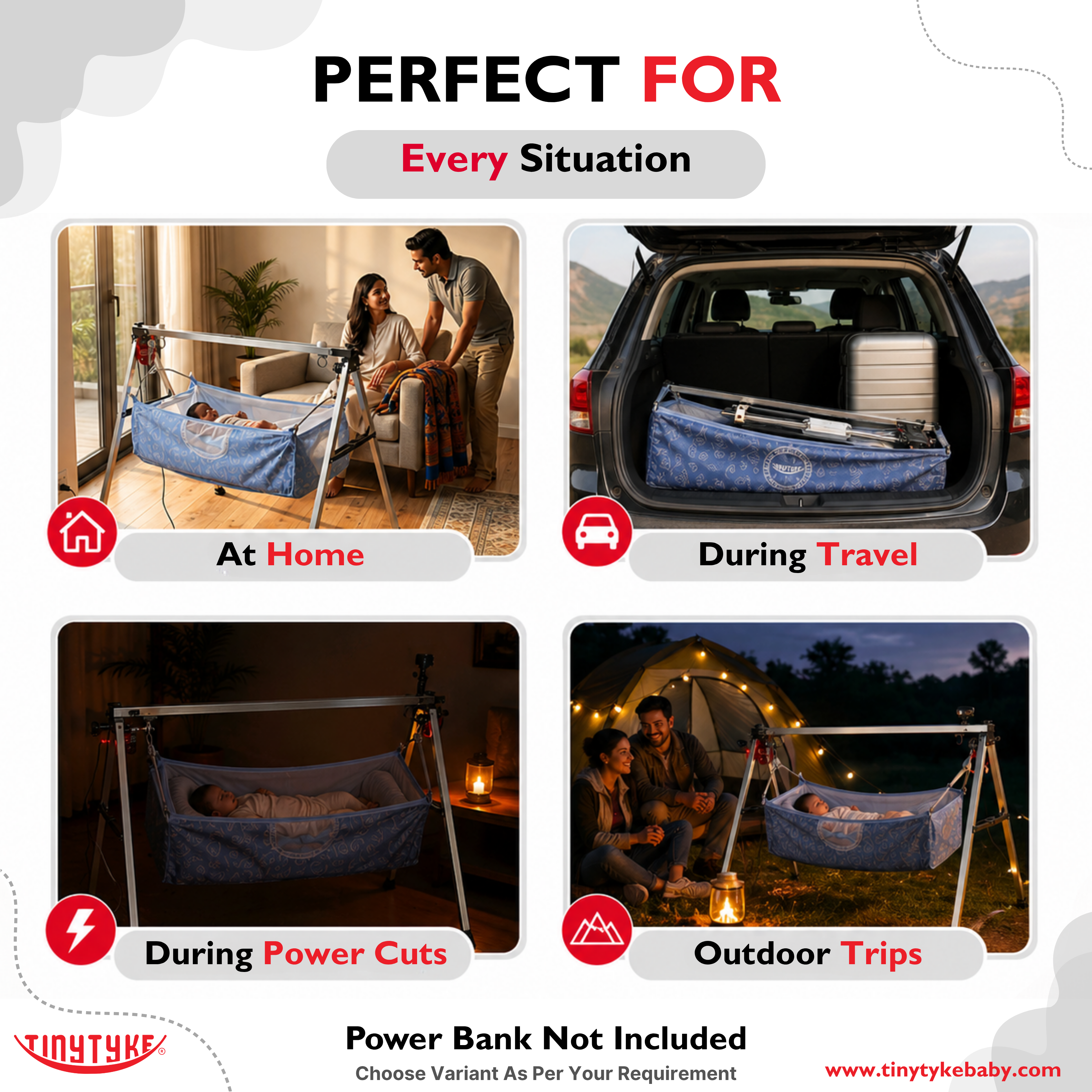 TinyTyke- Power Bank Compatible Adaptor usage scenarios at home, during travel, power cuts, and outdoor trips.