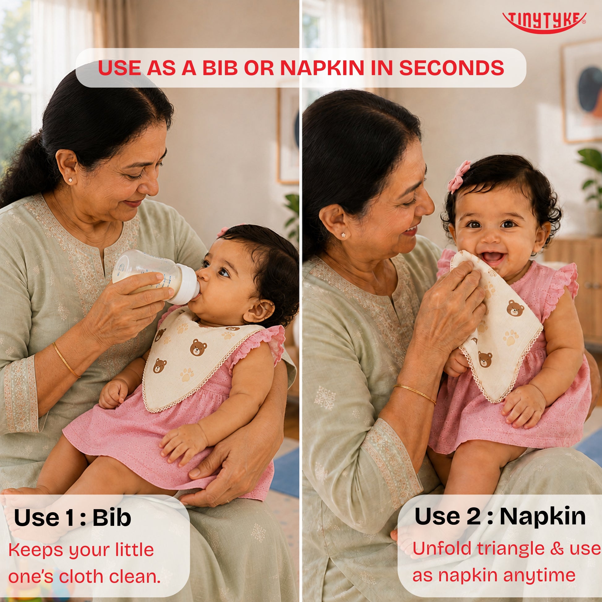 TinyTyke- Premium Muslin Bib Cum Napkin Combo for Babies