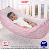 Baby sleeping in a pink hammock with TINY TYKE branding.