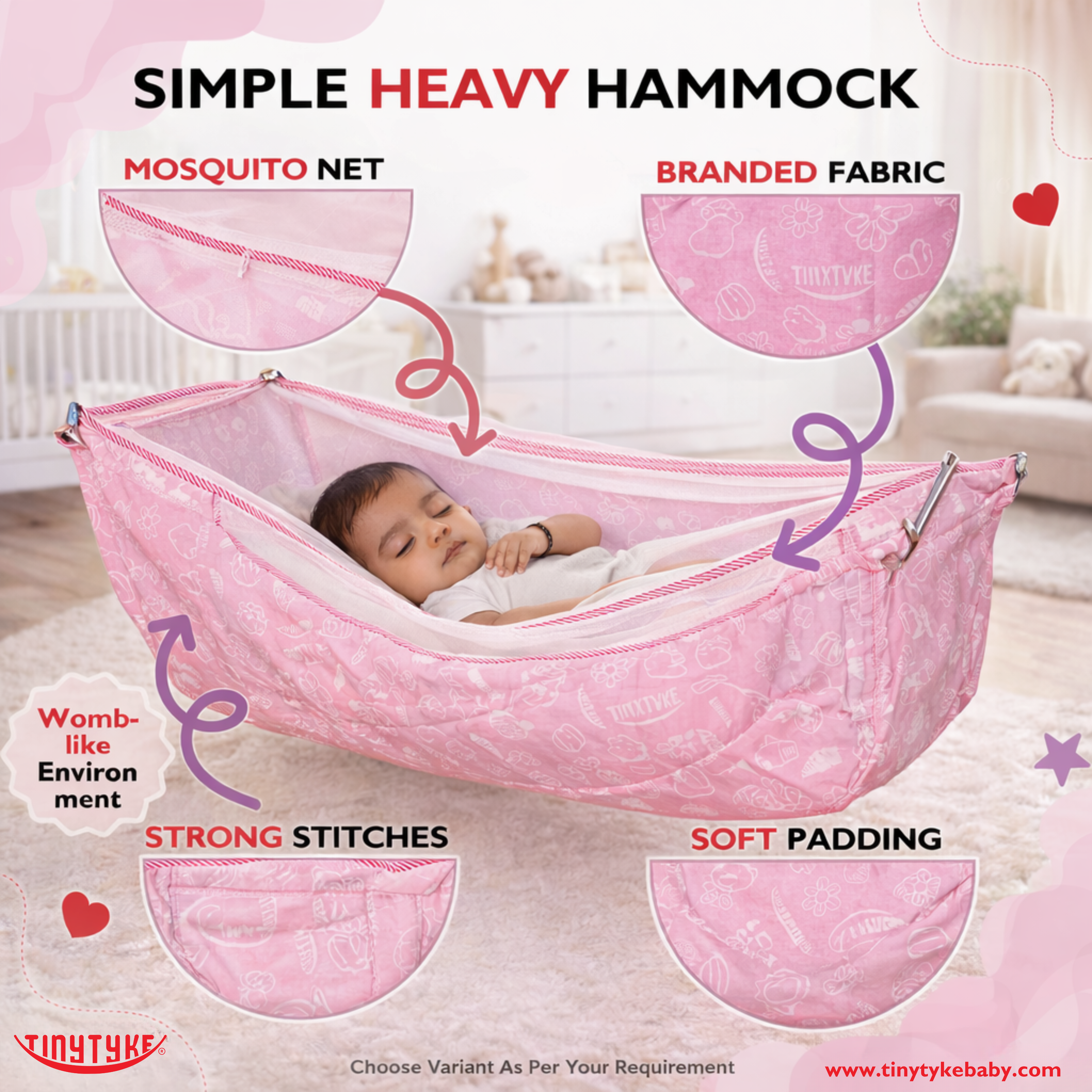 TinyTyke- Simple Heavy Hammock With Mosquito Net | Thin Padding