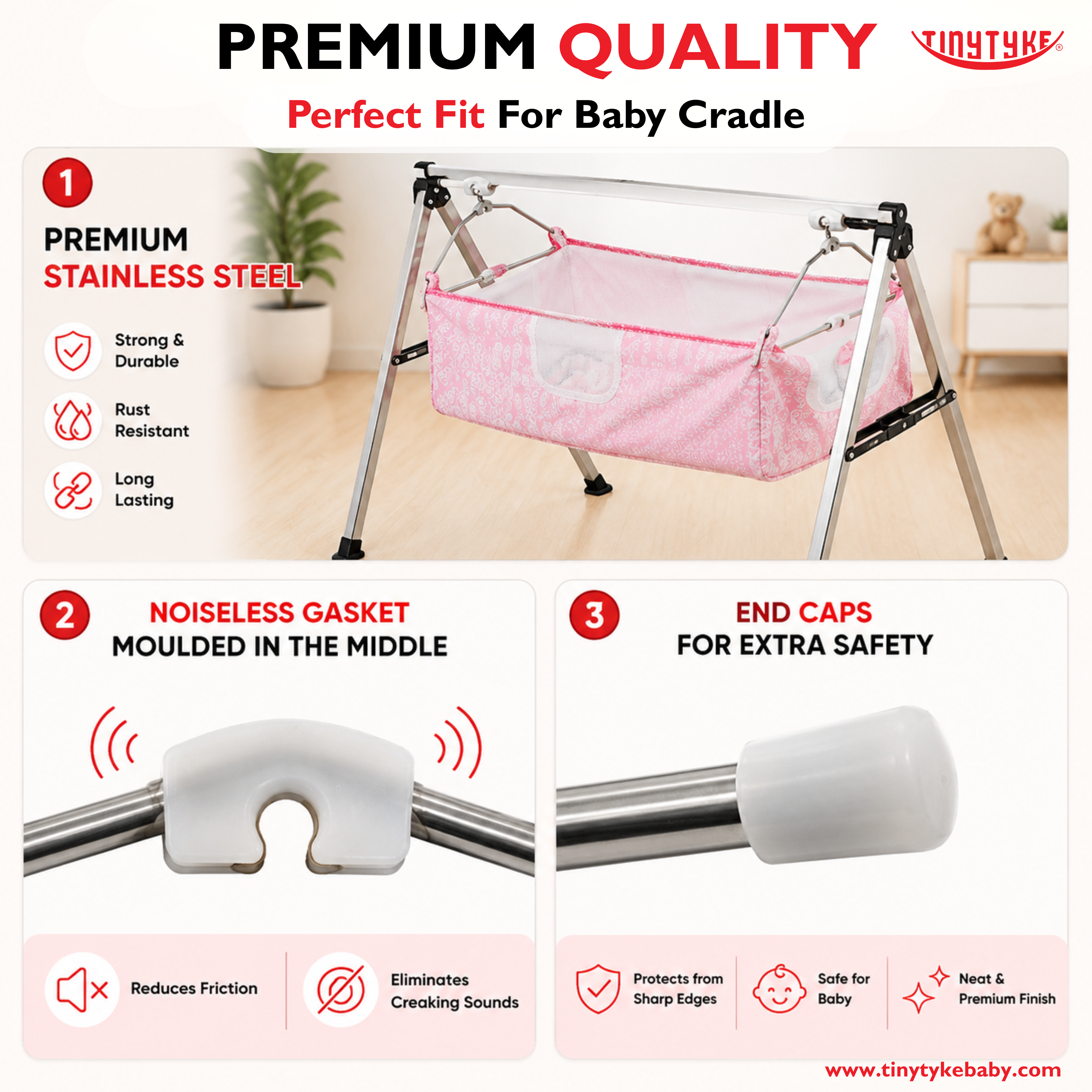 Baby cradle with features highlighted on a white background