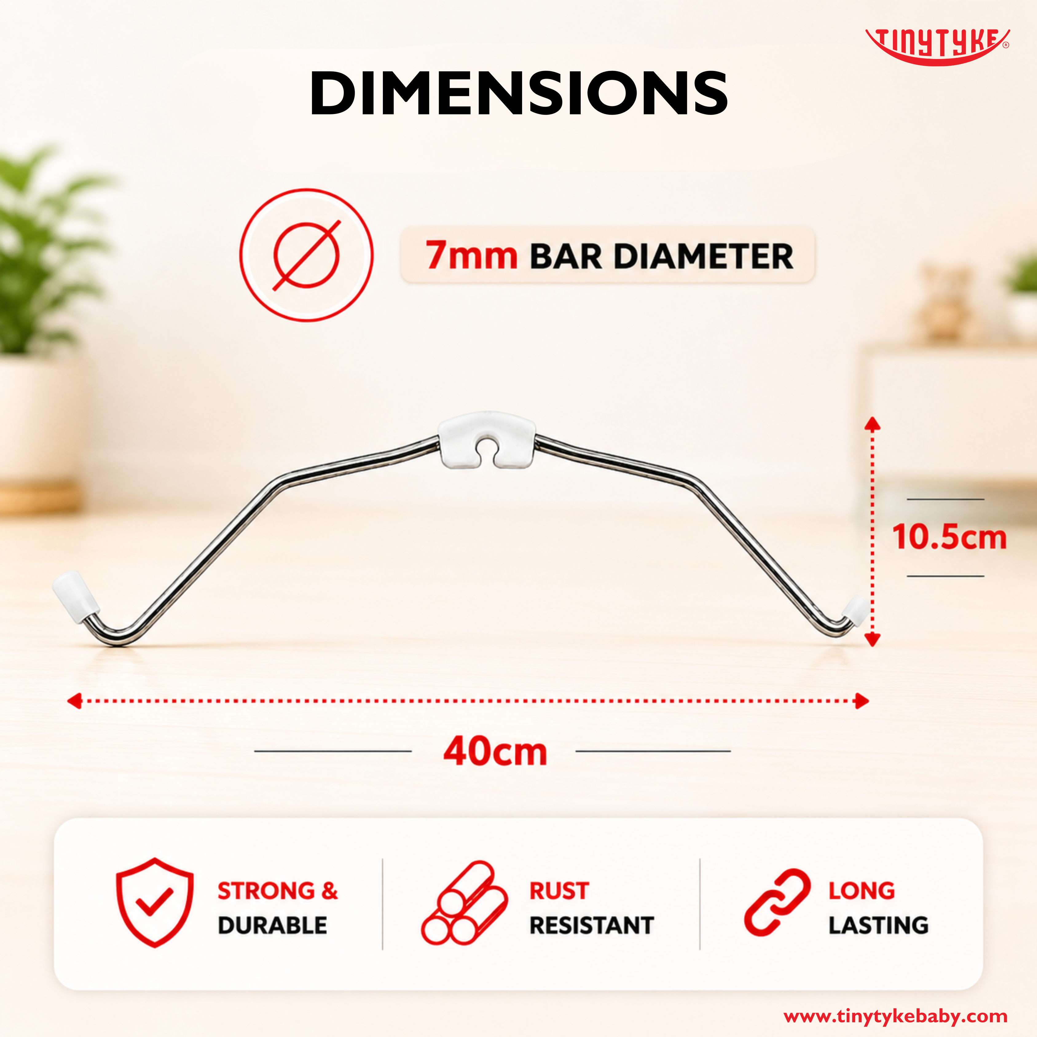 Metallic handlebar with dimensions and features on a blurred background