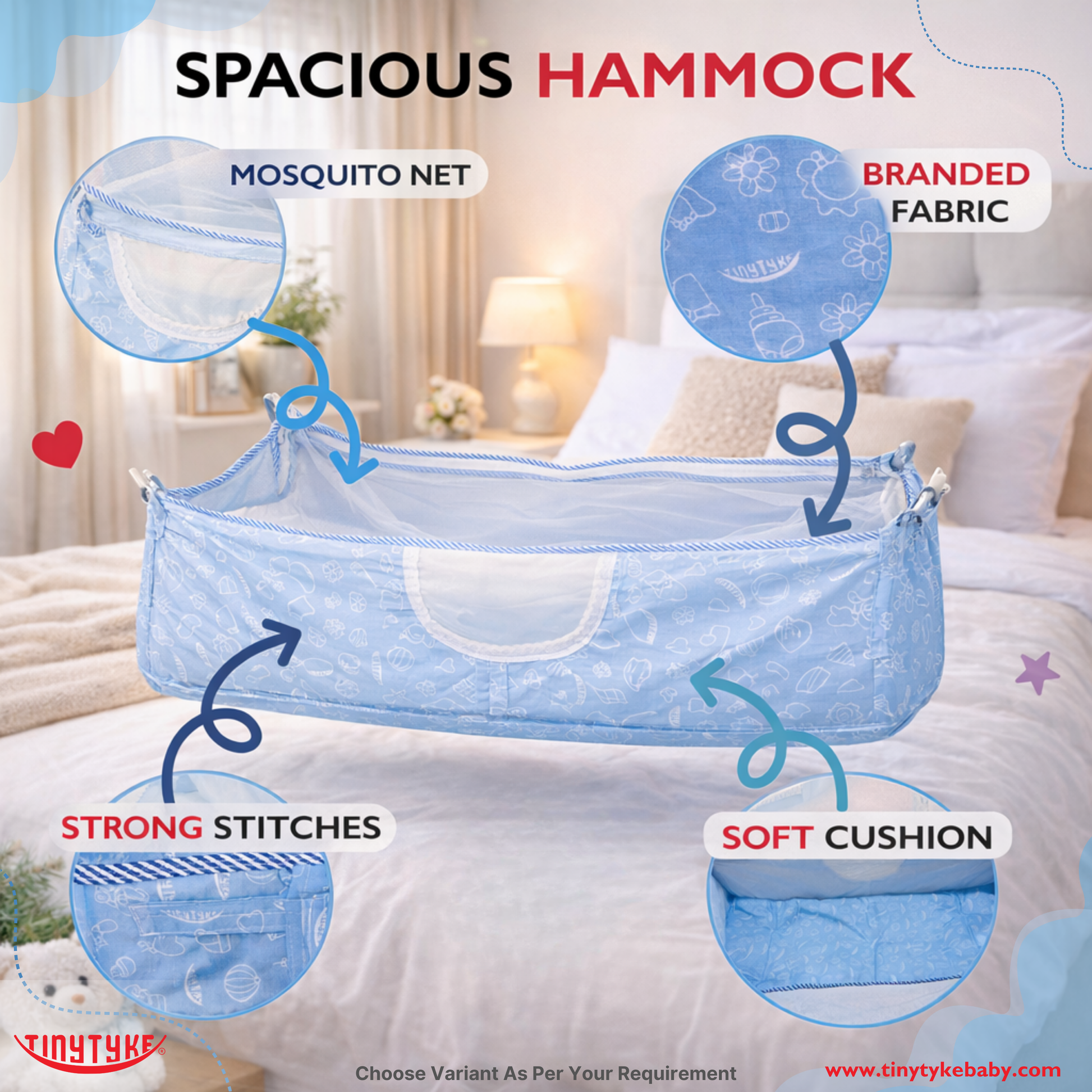 TinyTyke- Square Hammock With Pipe Kit With Mattress | With Mosquito Net Protection