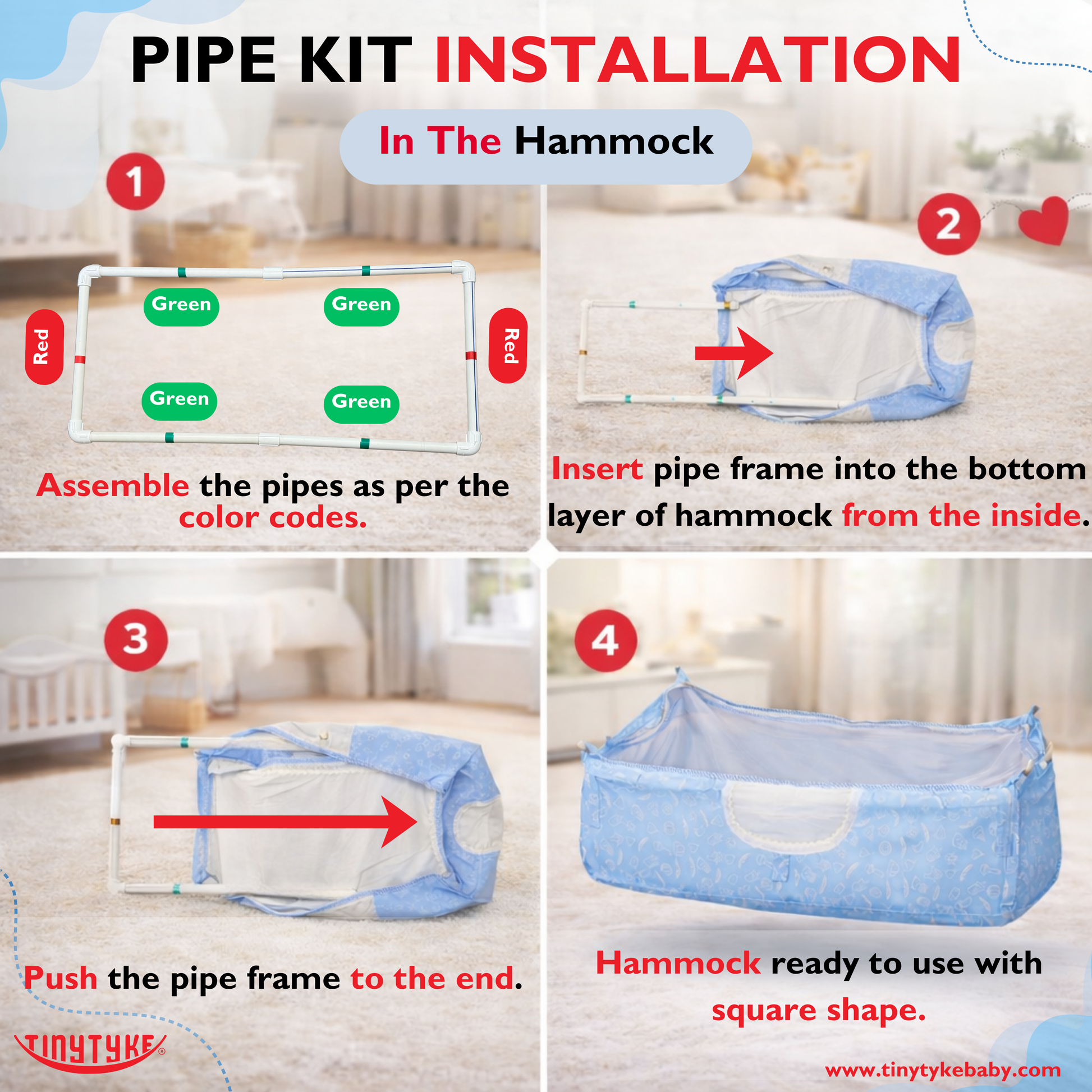 TinyTyke- Square Hammock With Pipe Kit With Mattress | With Mosquito Net Protection