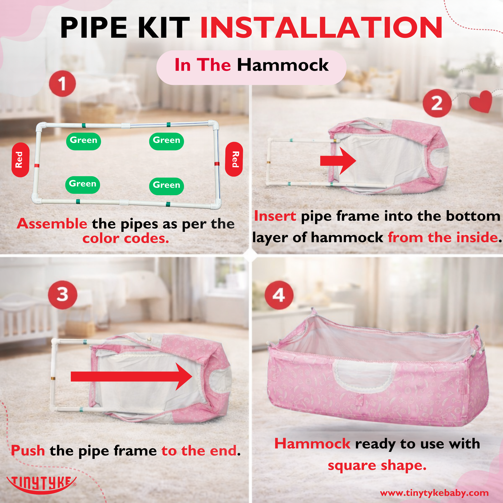 TinyTyke- Square Hammock With Pipe Kit With Mattress | With Mosquito Net Protection