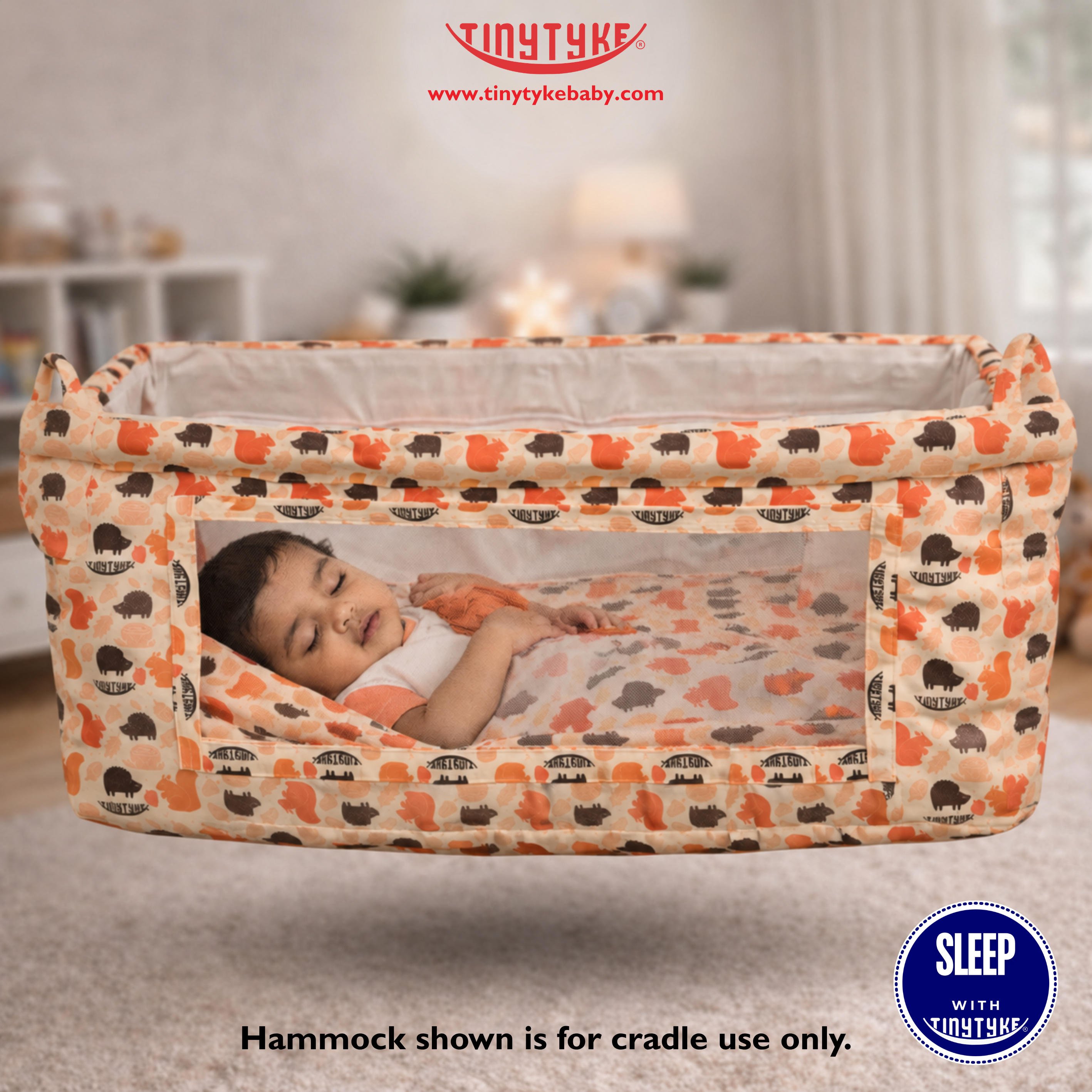 Baby hammock with a child inside, featuring the TinyTyke brand.