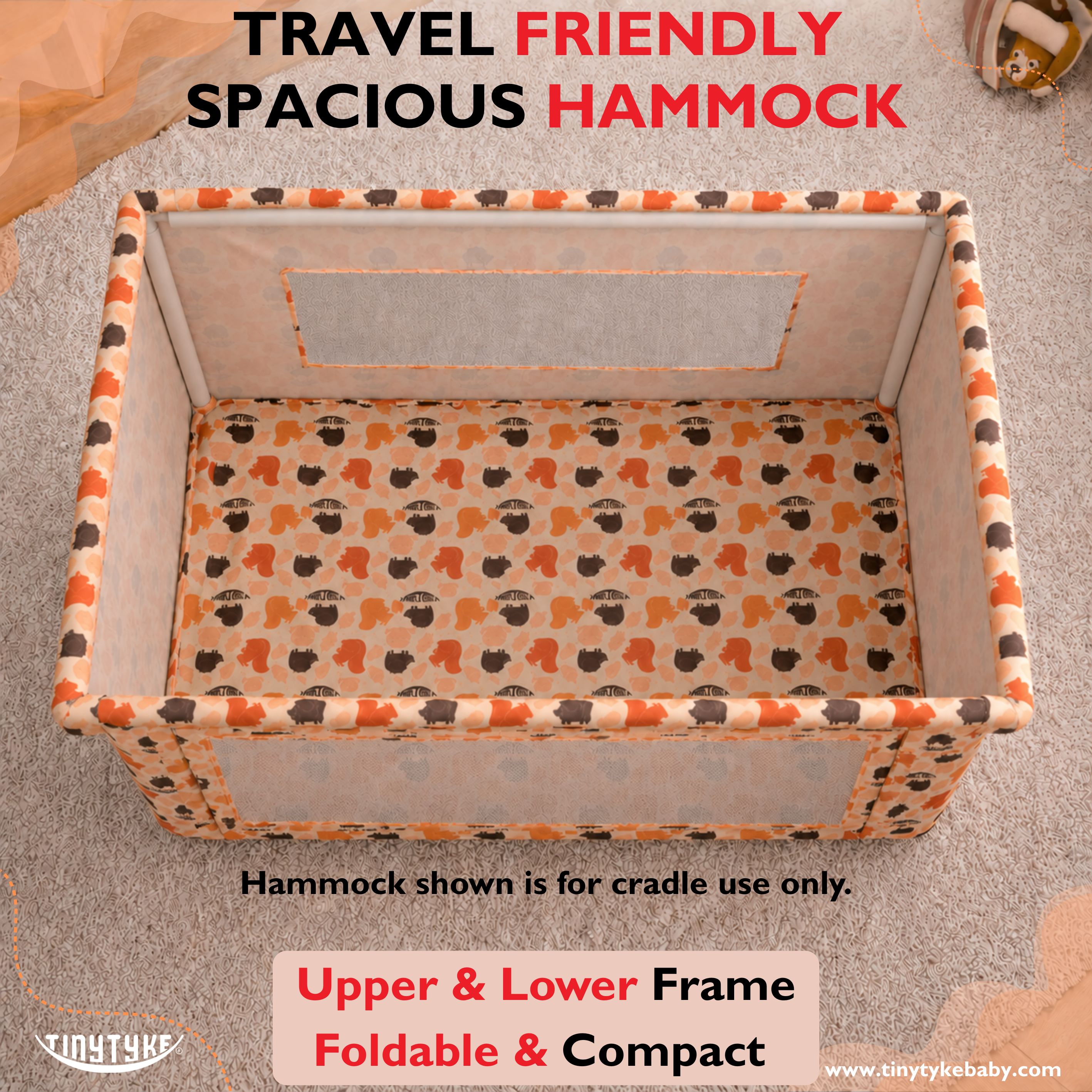 Spacious hammock with patterned design on a beige surface, labeled 'Spacious Hammock' by Tiny Tike Baby.