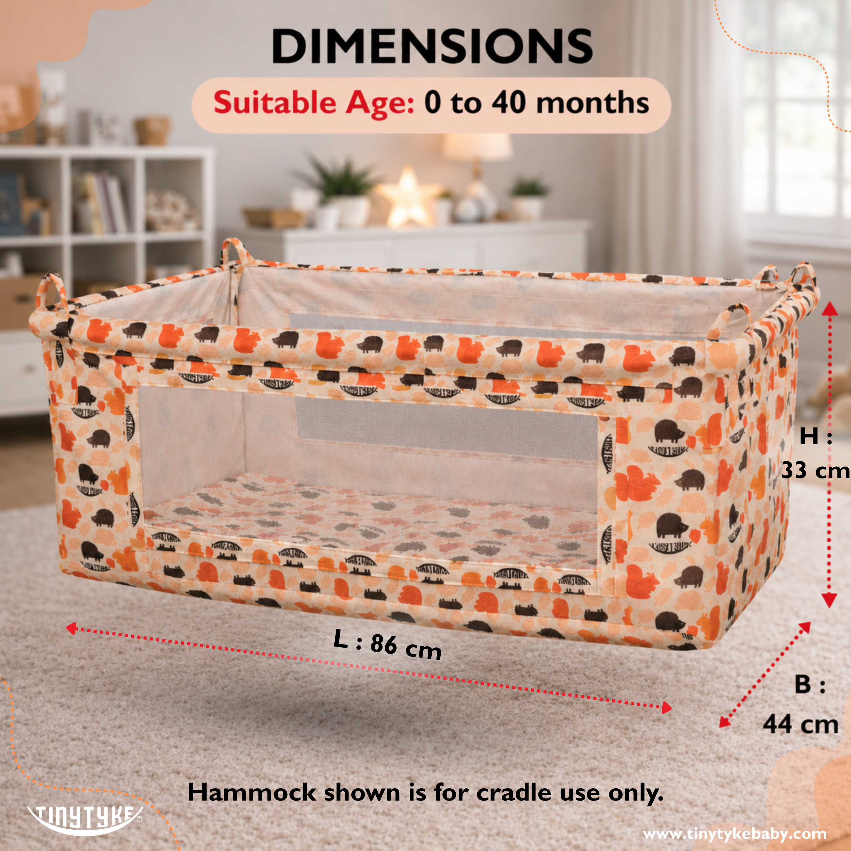 Baby playpen with dimensions and suitable age range displayed
