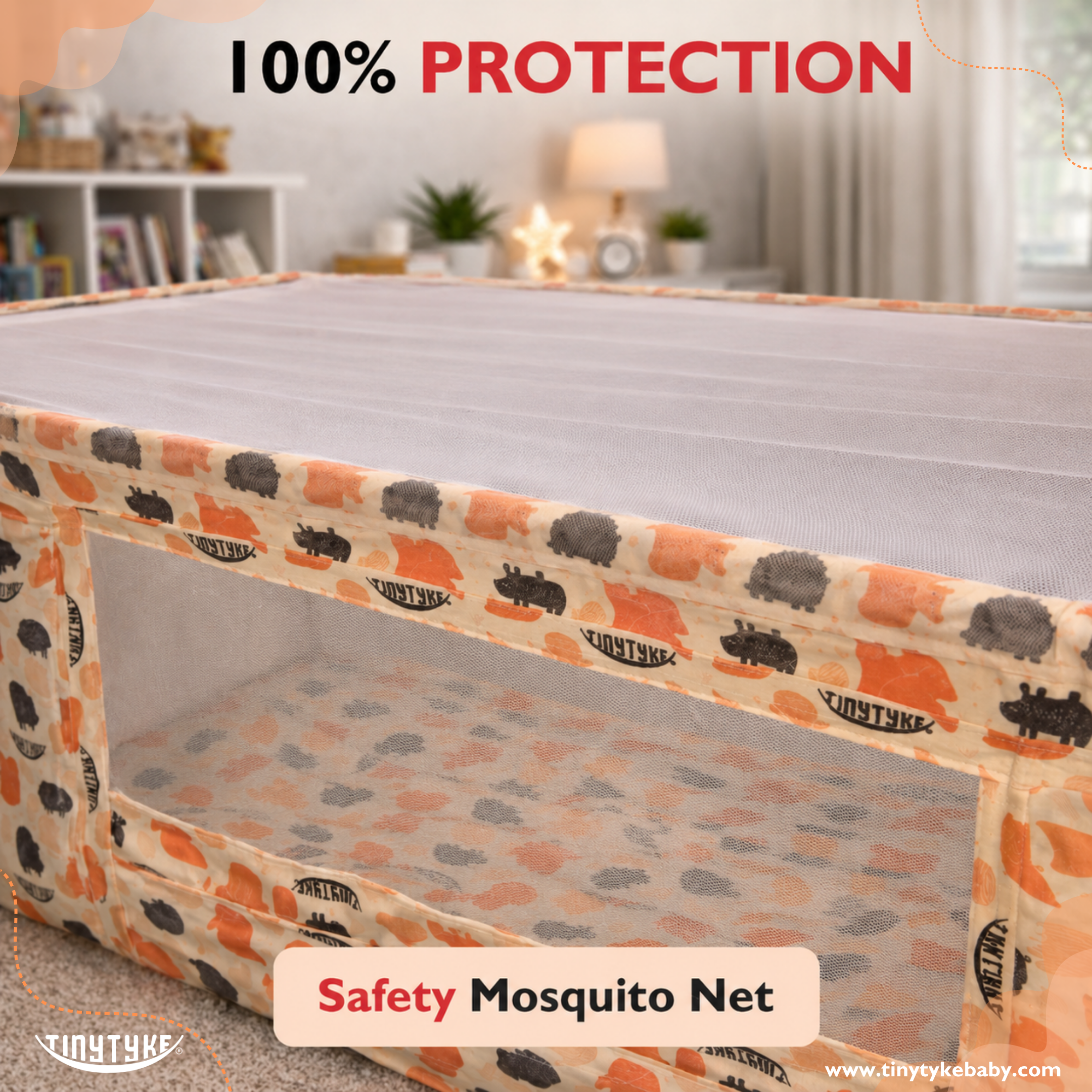 Safety mosquito net with patterned design on a crib, labeled '100% Protection' and 'Safety Mosquito Net'.