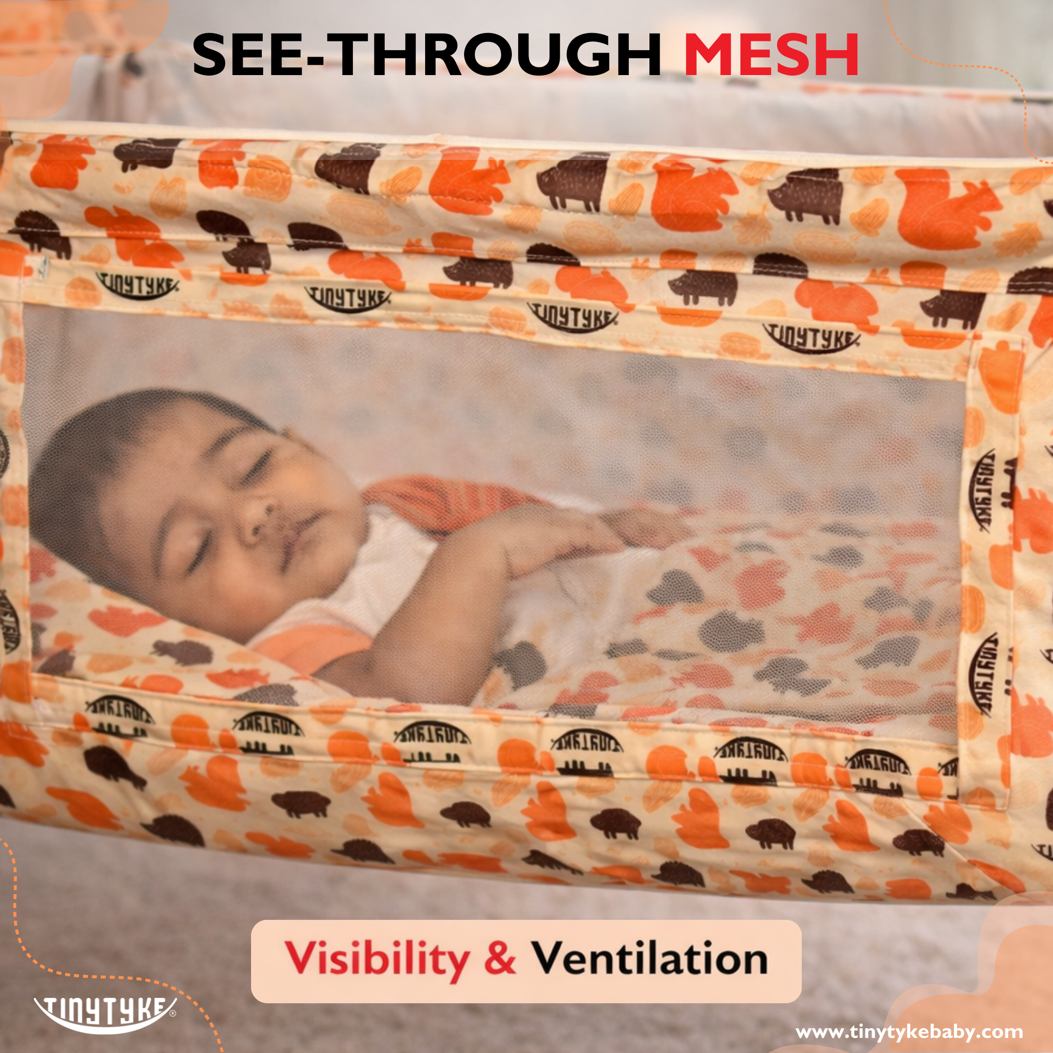 Baby crib with see-through mesh for visibility and ventilation in a room setting.