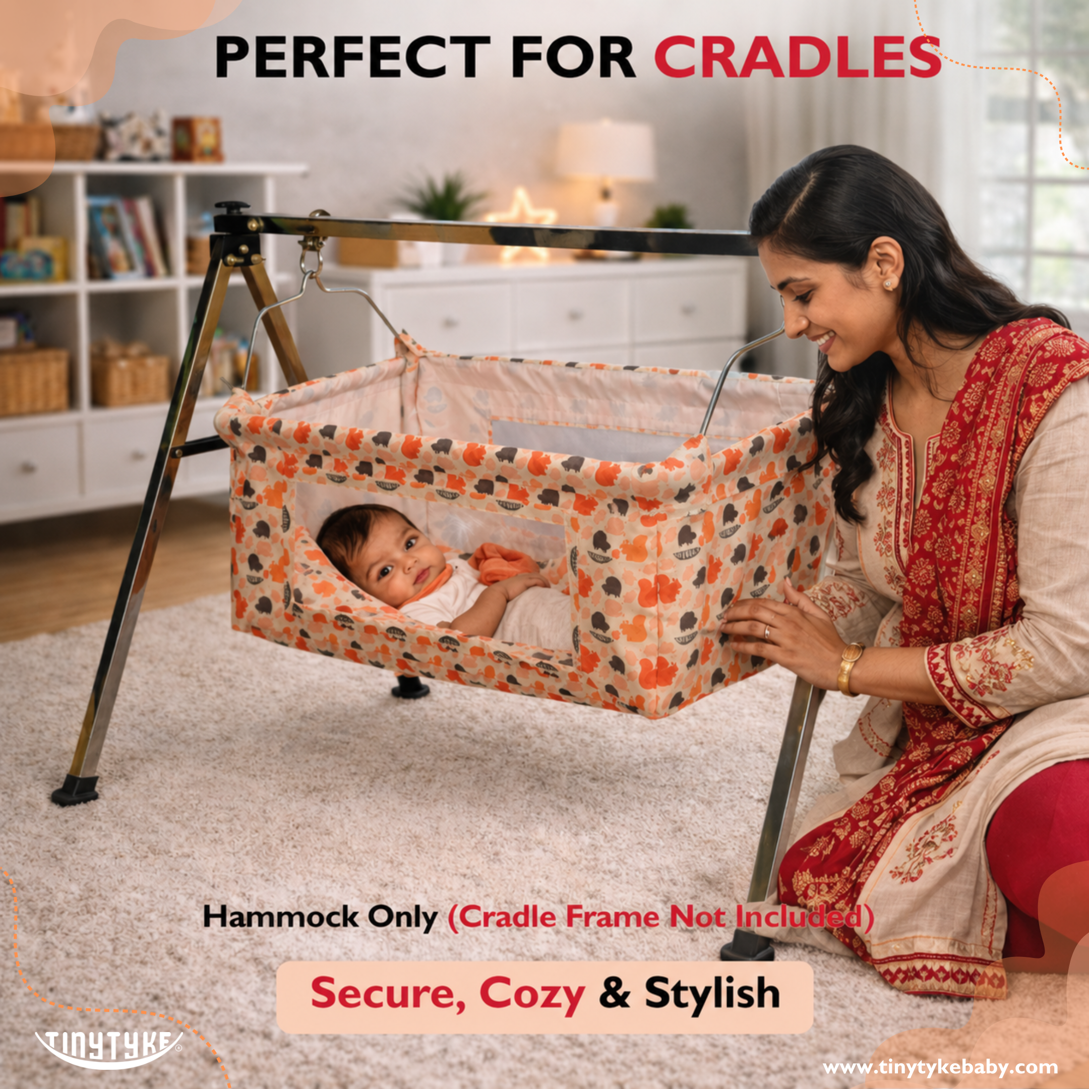Woman with a baby in a cradle hammock in a home setting