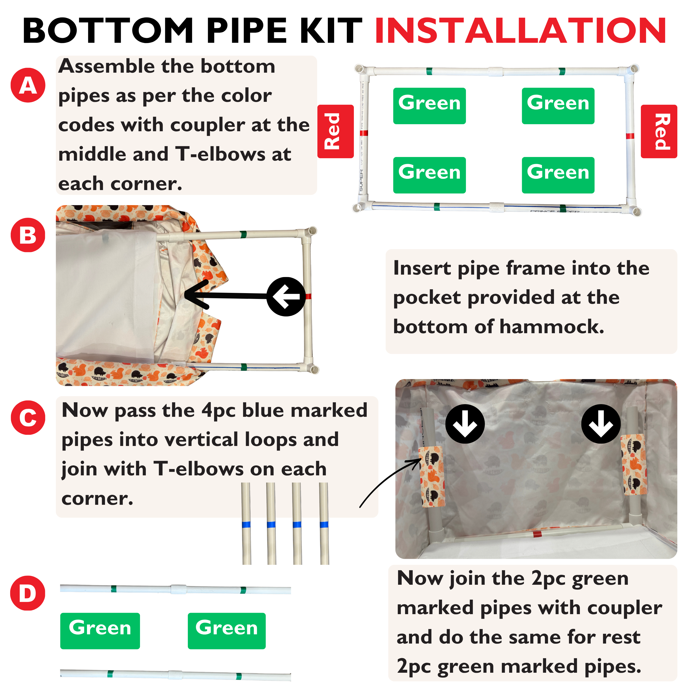 Step-by-step guide for installing a bottom pipe kit in a hammock with color-coded instructions.